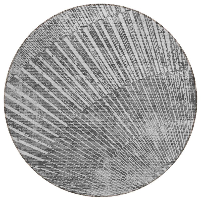 8' Round Gray and Ivory Round Abstract Washable Non Skid Indoor Outdoor Area Rug