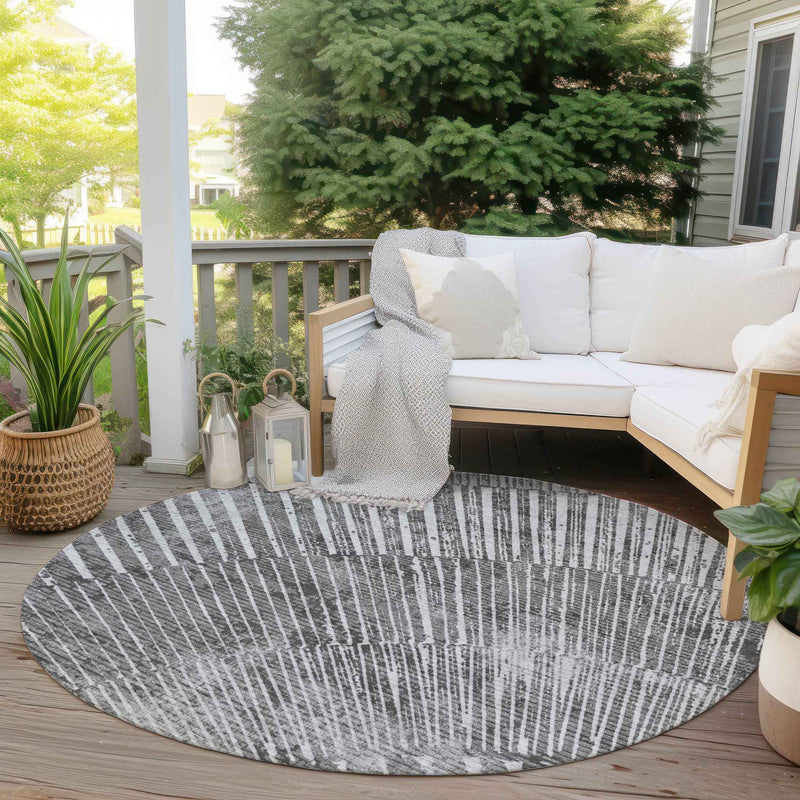 8' Round Gray and Ivory Round Abstract Washable Non Skid Indoor Outdoor Area Rug