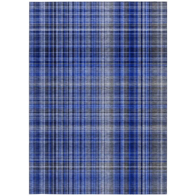 3' X 5' Navy Blue Plaid Washable Non Skid Indoor Outdoor Area Rug