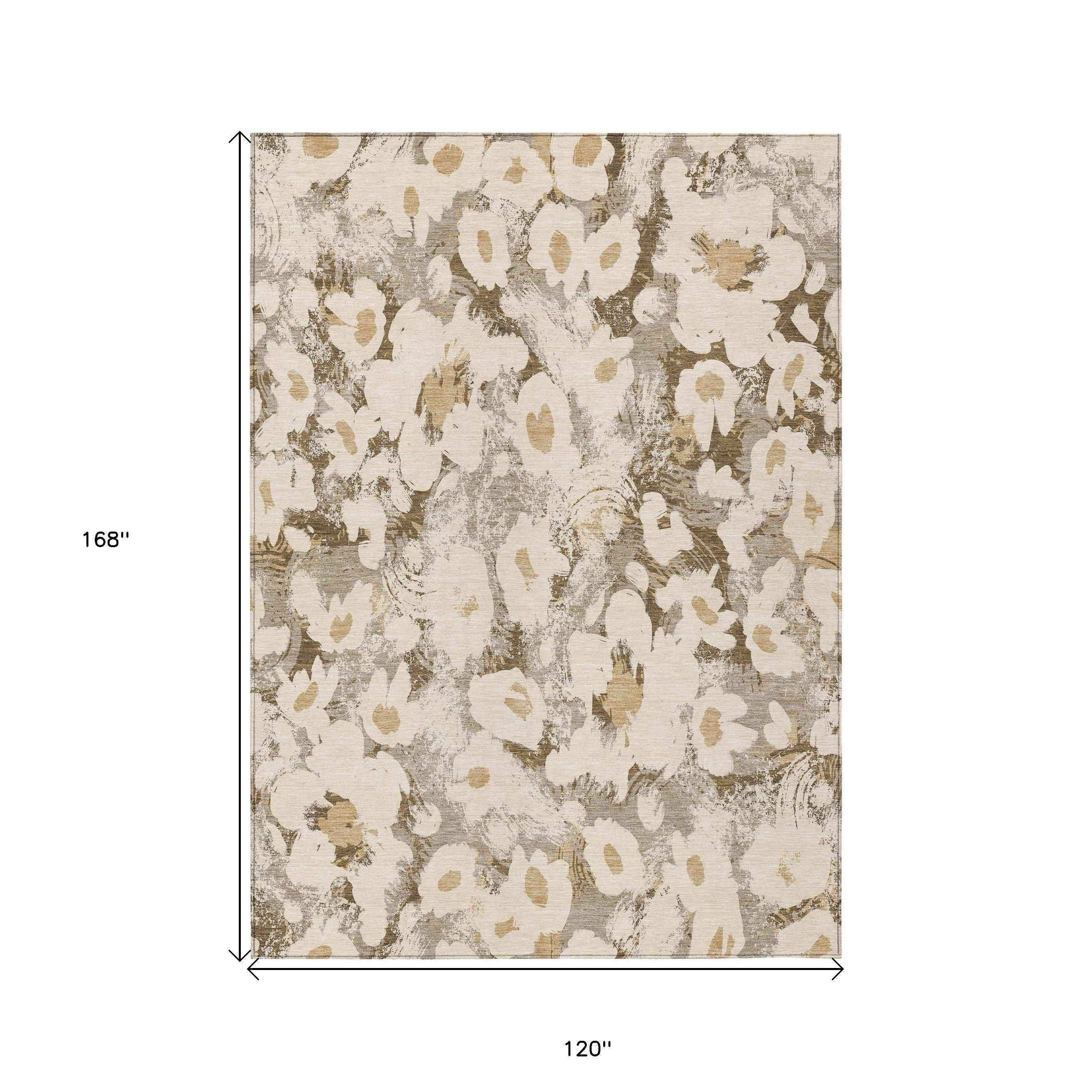10' X 14' Khaki Floral Washable Non Skid Indoor Outdoor Area Rug