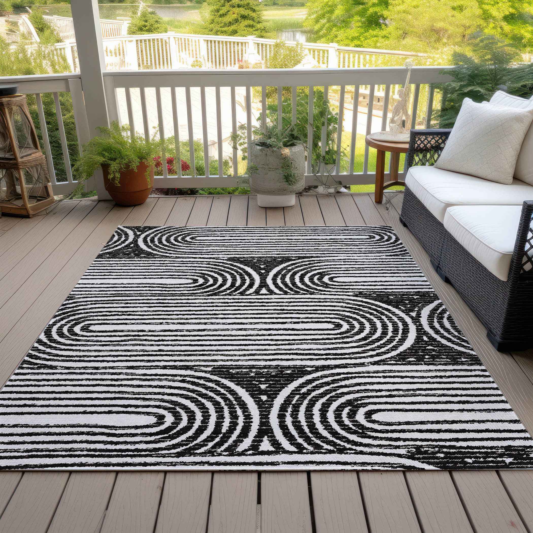 9' X 12' Black and White Abstract Washable Non Skid Indoor Outdoor Area Rug