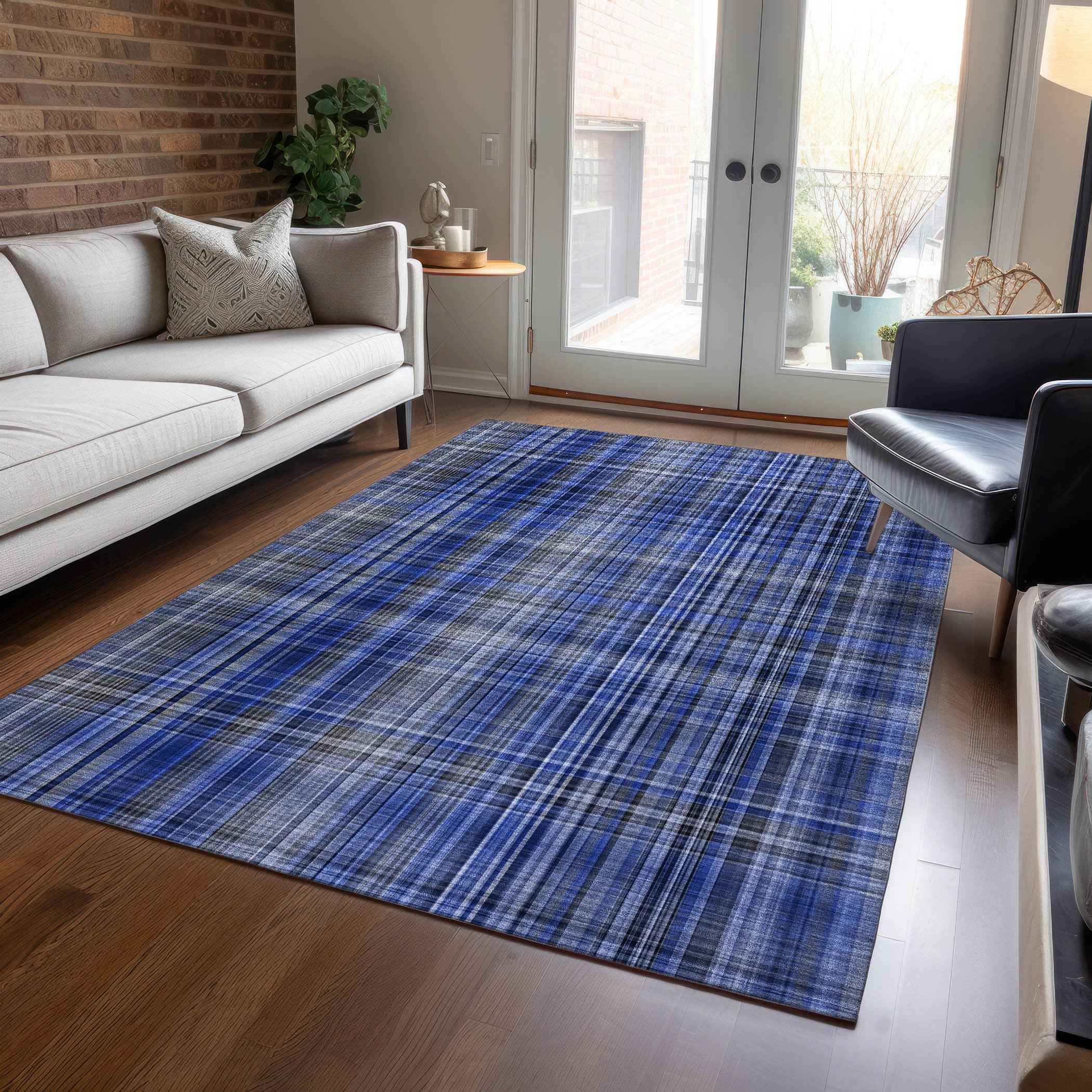 3' X 5' Navy Blue Plaid Washable Non Skid Indoor Outdoor Area Rug