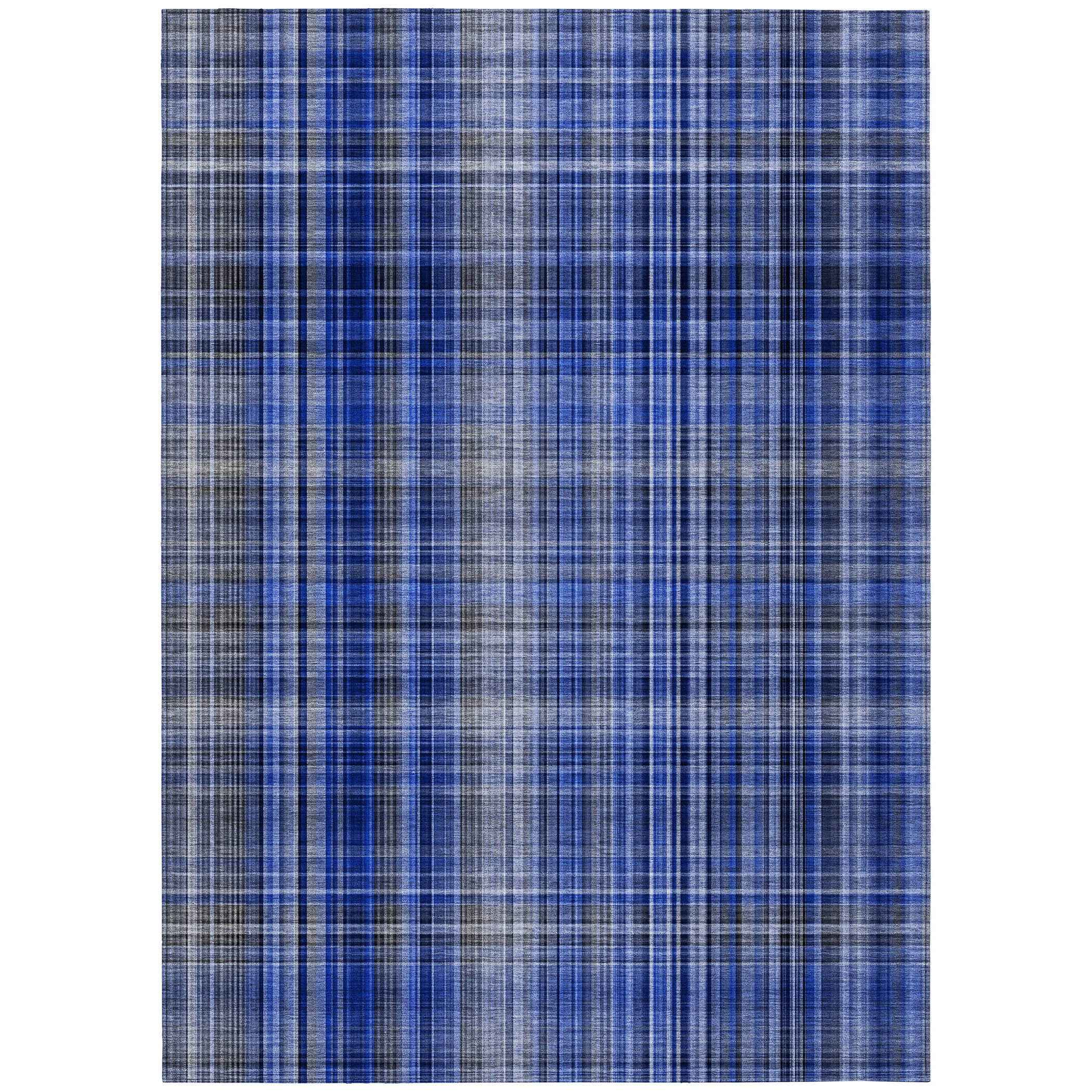 3' X 5' Navy Blue Plaid Washable Non Skid Indoor Outdoor Area Rug