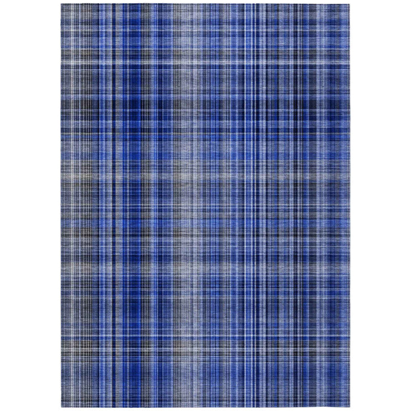3' X 5' Navy Blue Plaid Washable Non Skid Indoor Outdoor Area Rug
