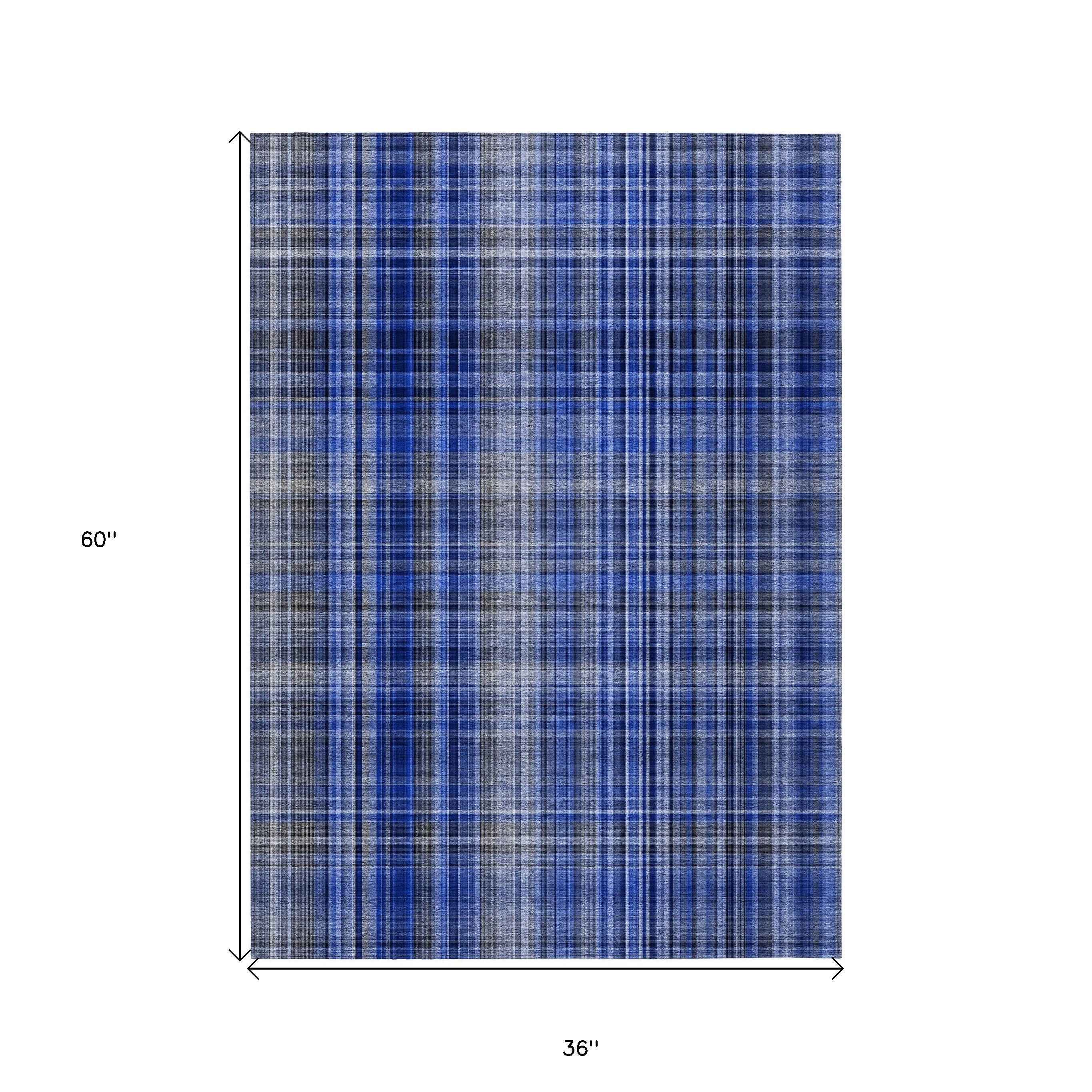 3' X 5' Navy Blue Plaid Washable Non Skid Indoor Outdoor Area Rug