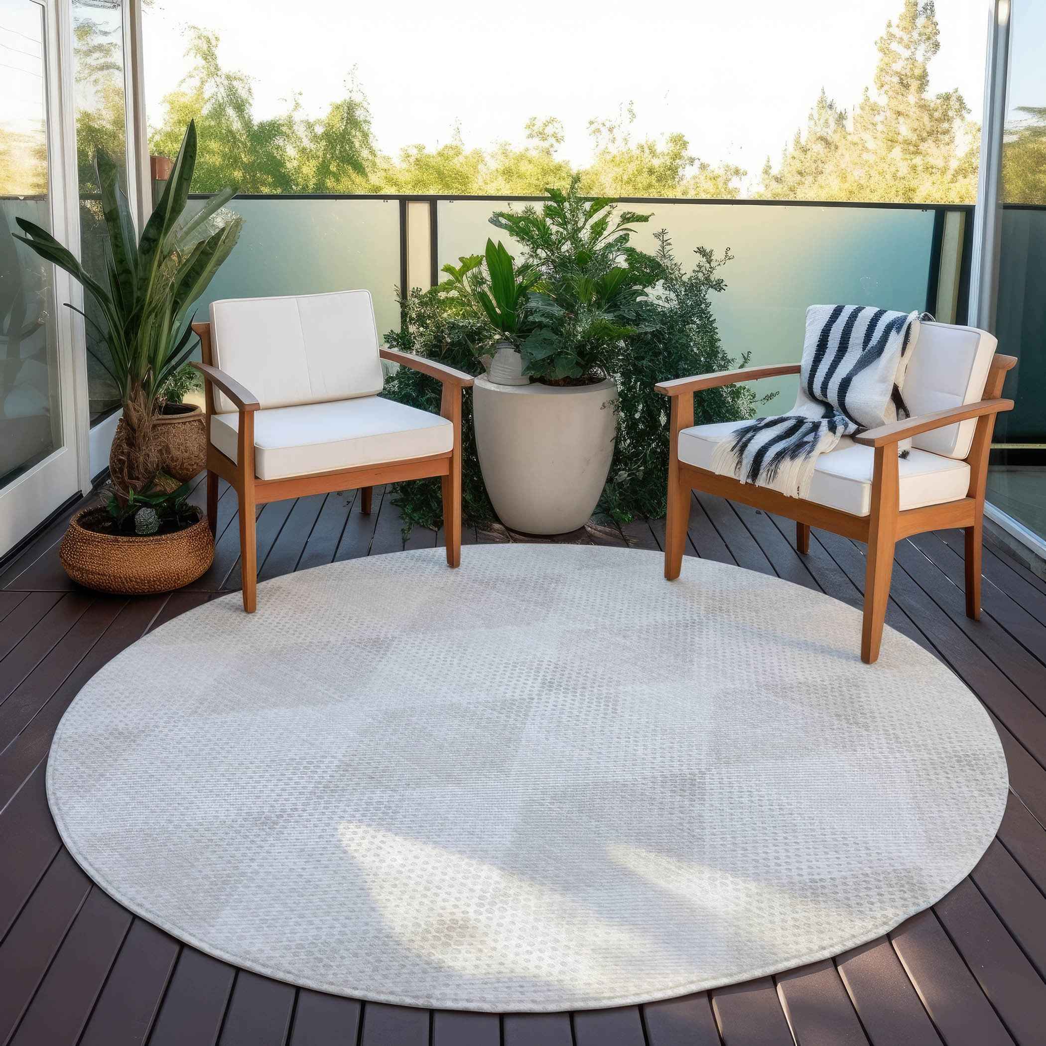 8' Round Ivory Round Geometric Washable Non Skid Indoor Outdoor Area Rug