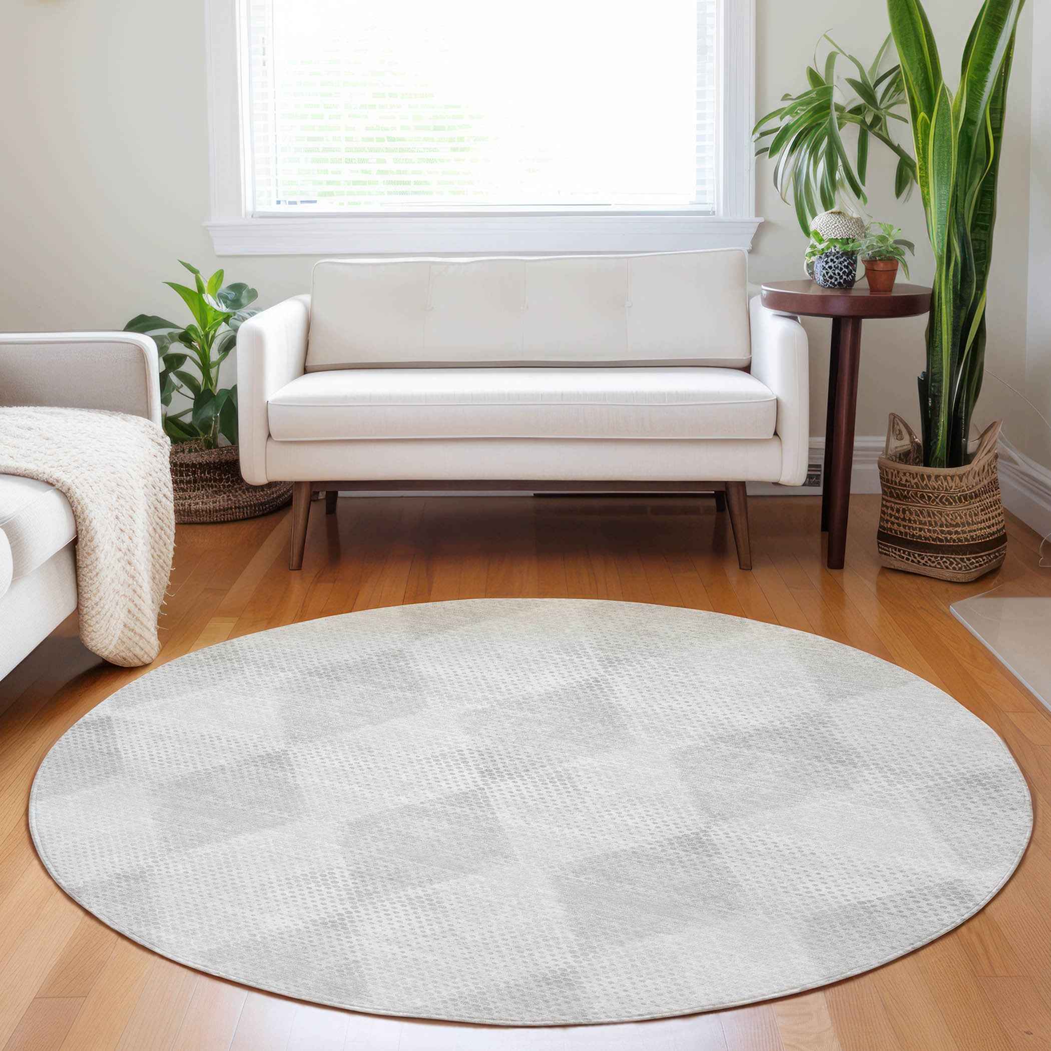 8' Round Ivory Round Geometric Washable Non Skid Indoor Outdoor Area Rug