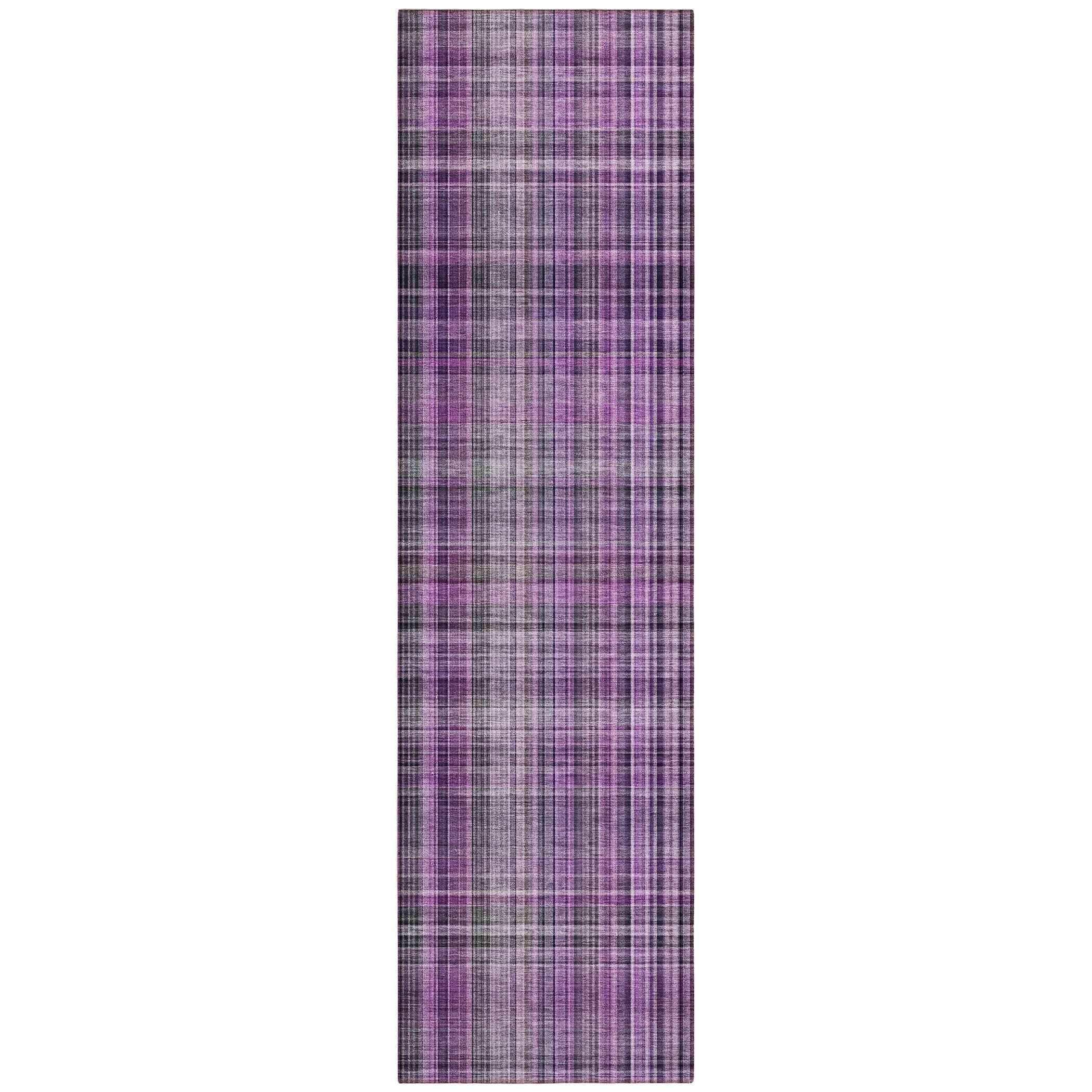 8' Runner Purple Plaid Washable Non Skid Indoor Outdoor Runner Rug