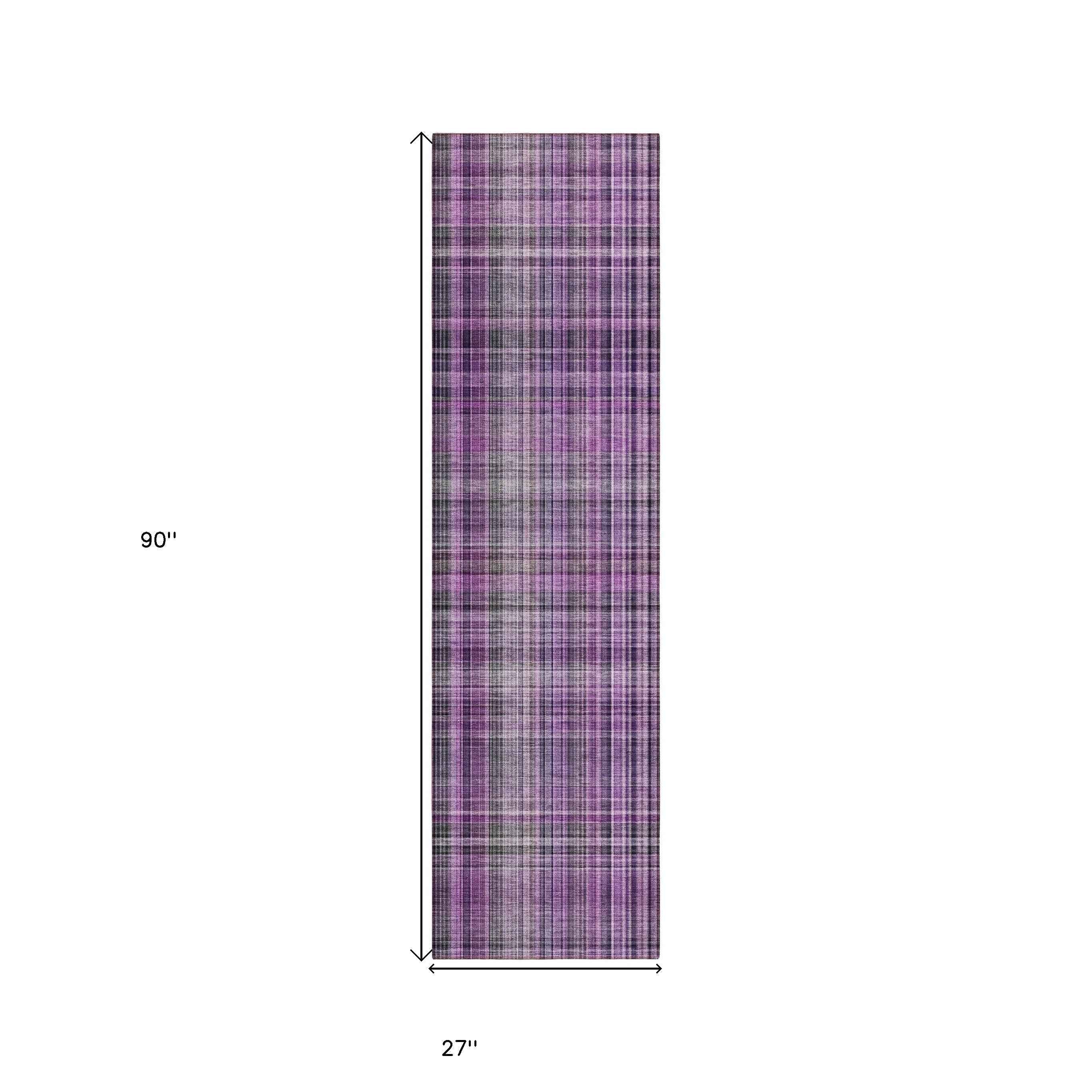 8' Runner Purple Plaid Washable Non Skid Indoor Outdoor Runner Rug