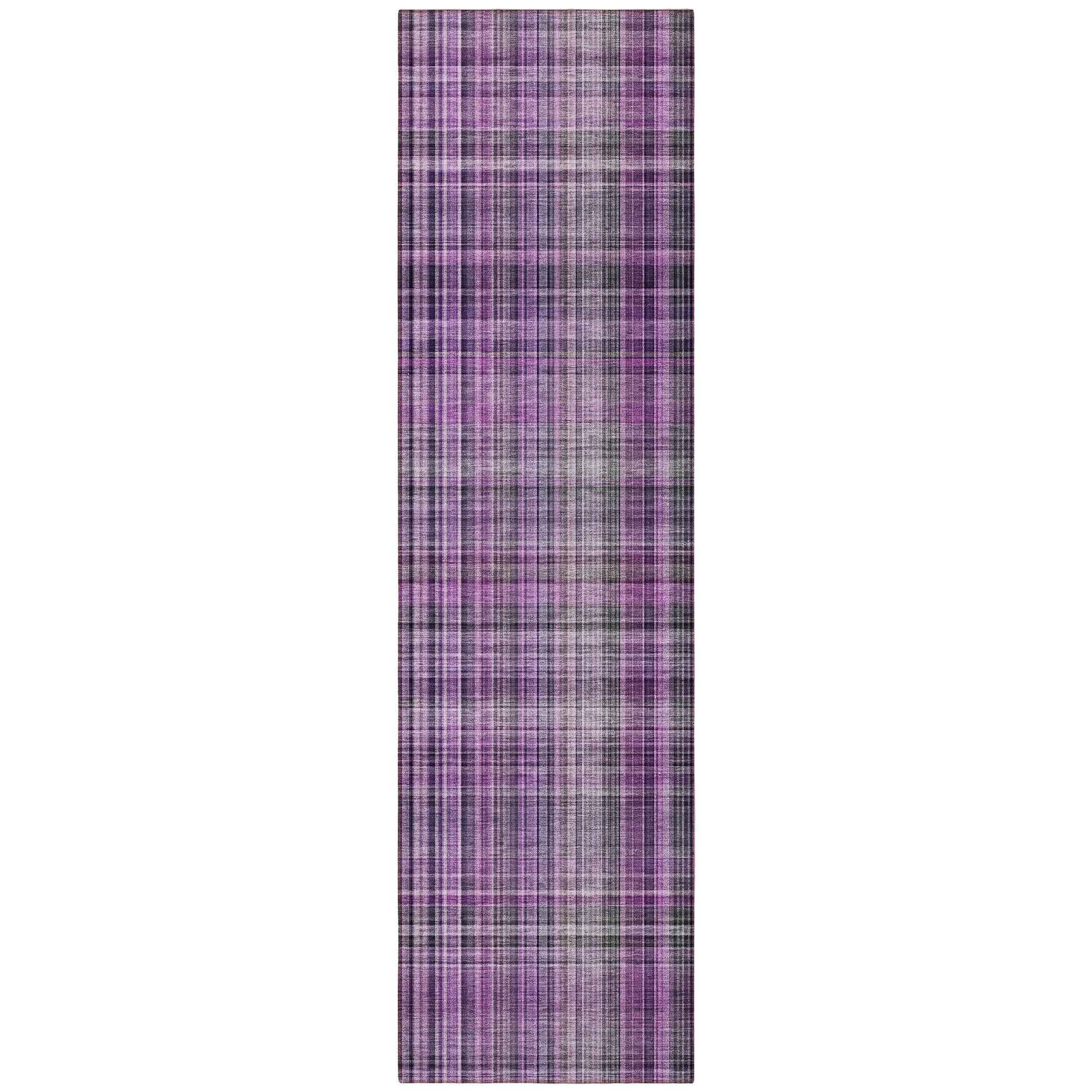 8' Runner Purple Plaid Washable Non Skid Indoor Outdoor Runner Rug
