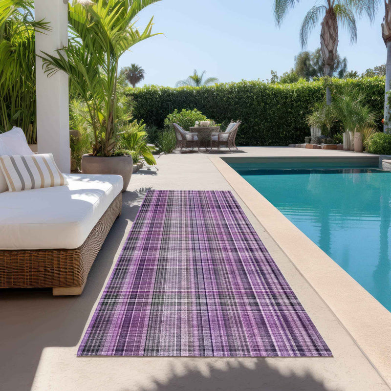 8' Runner Purple Plaid Washable Non Skid Indoor Outdoor Runner Rug
