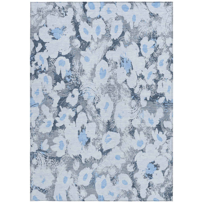 3' X 5' Denim Blue Floral Washable Non Skid Indoor Outdoor Area Rug