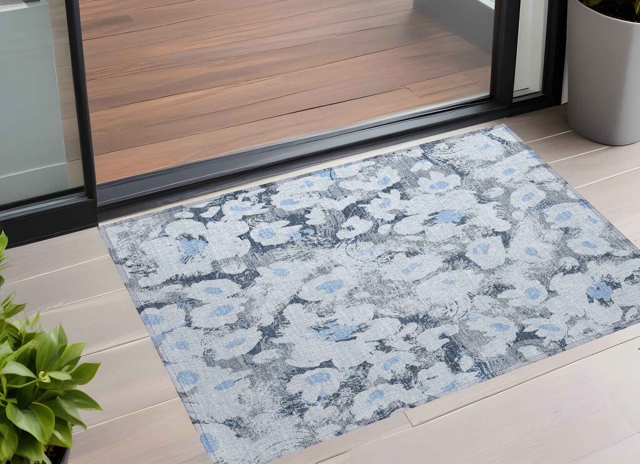 3' X 5' Denim Blue Floral Washable Non Skid Indoor Outdoor Area Rug