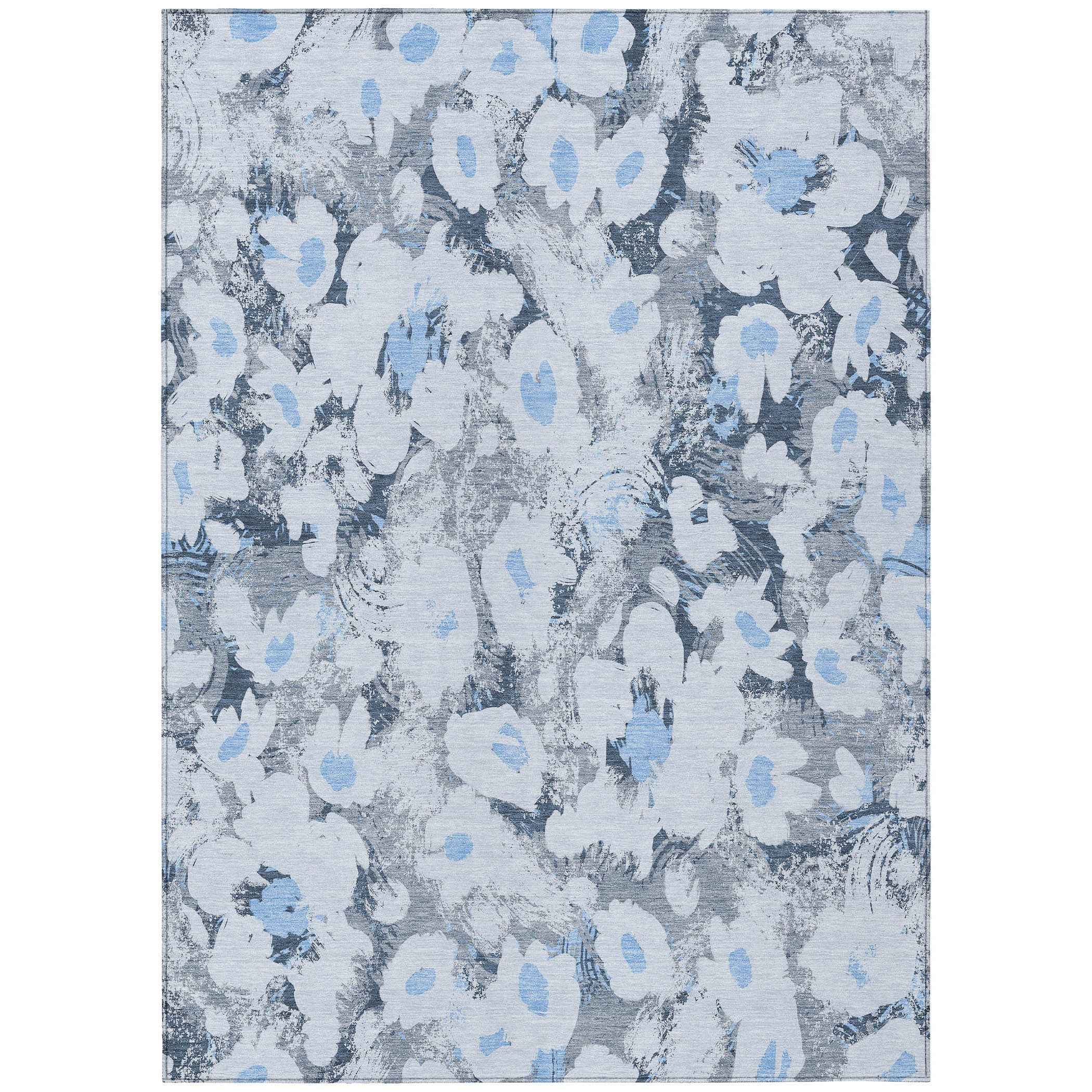 3' X 5' Denim Blue Floral Washable Non Skid Indoor Outdoor Area Rug