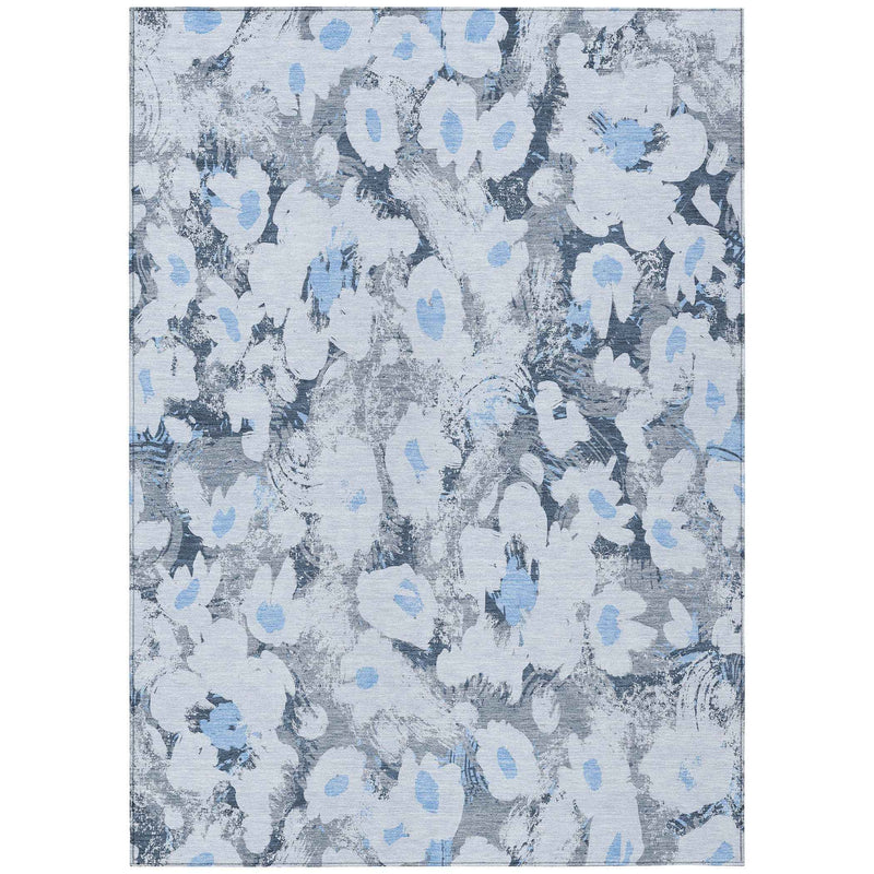 3' X 5' Denim Blue Floral Washable Non Skid Indoor Outdoor Area Rug