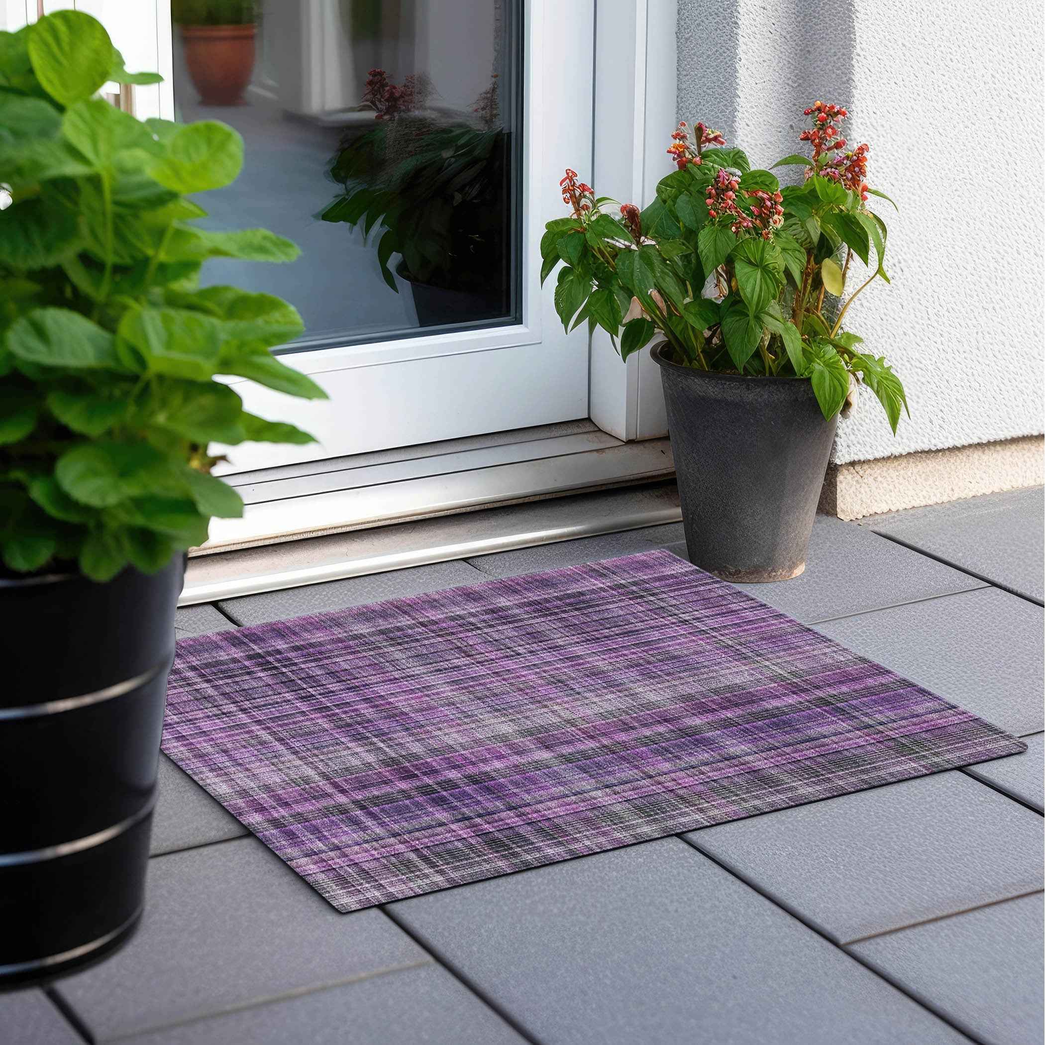 2' X 3' Purple Plaid Washable Non Skid Indoor Outdoor Area Rug