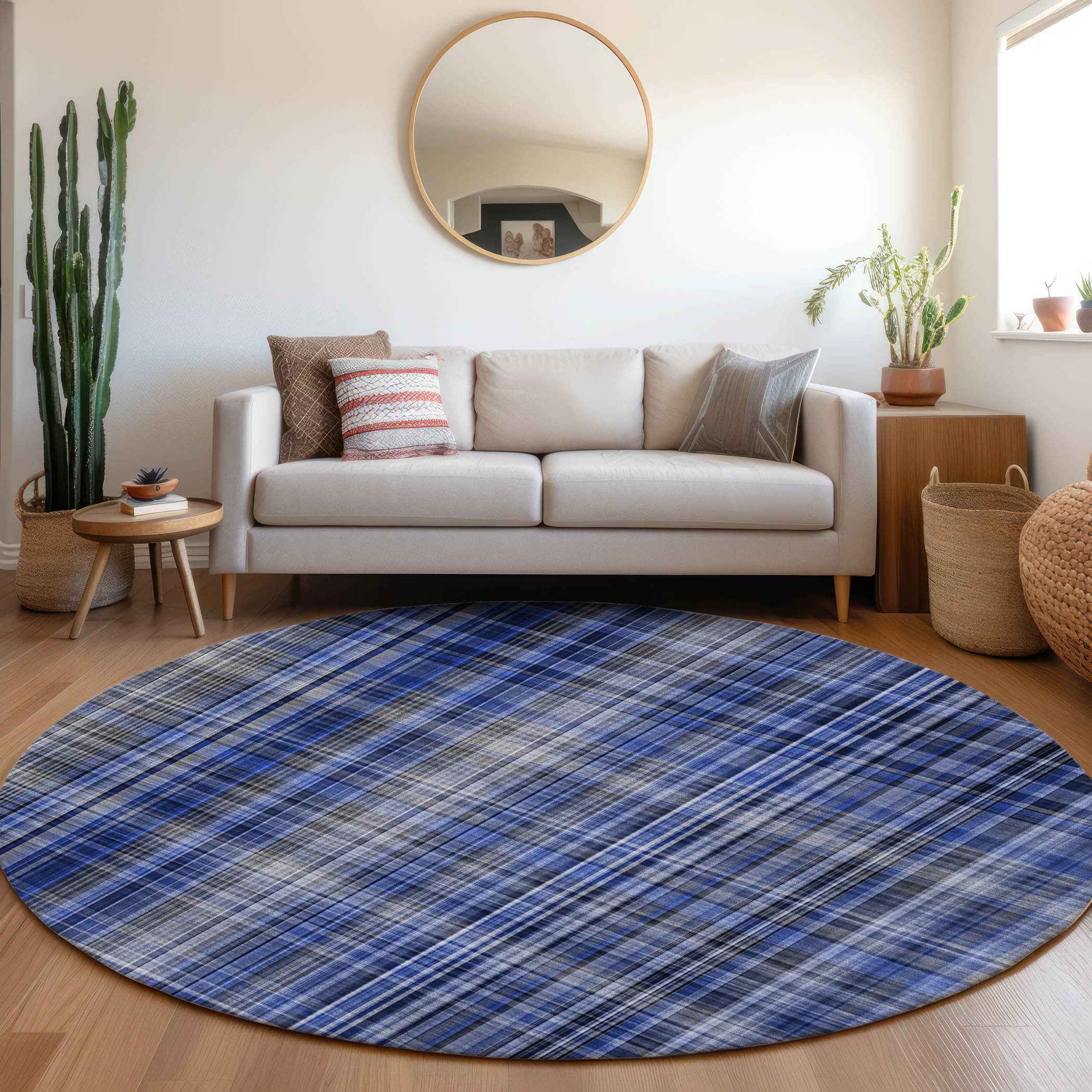 8' Round Navy Blue Round Plaid Washable Non Skid Indoor Outdoor Area Rug