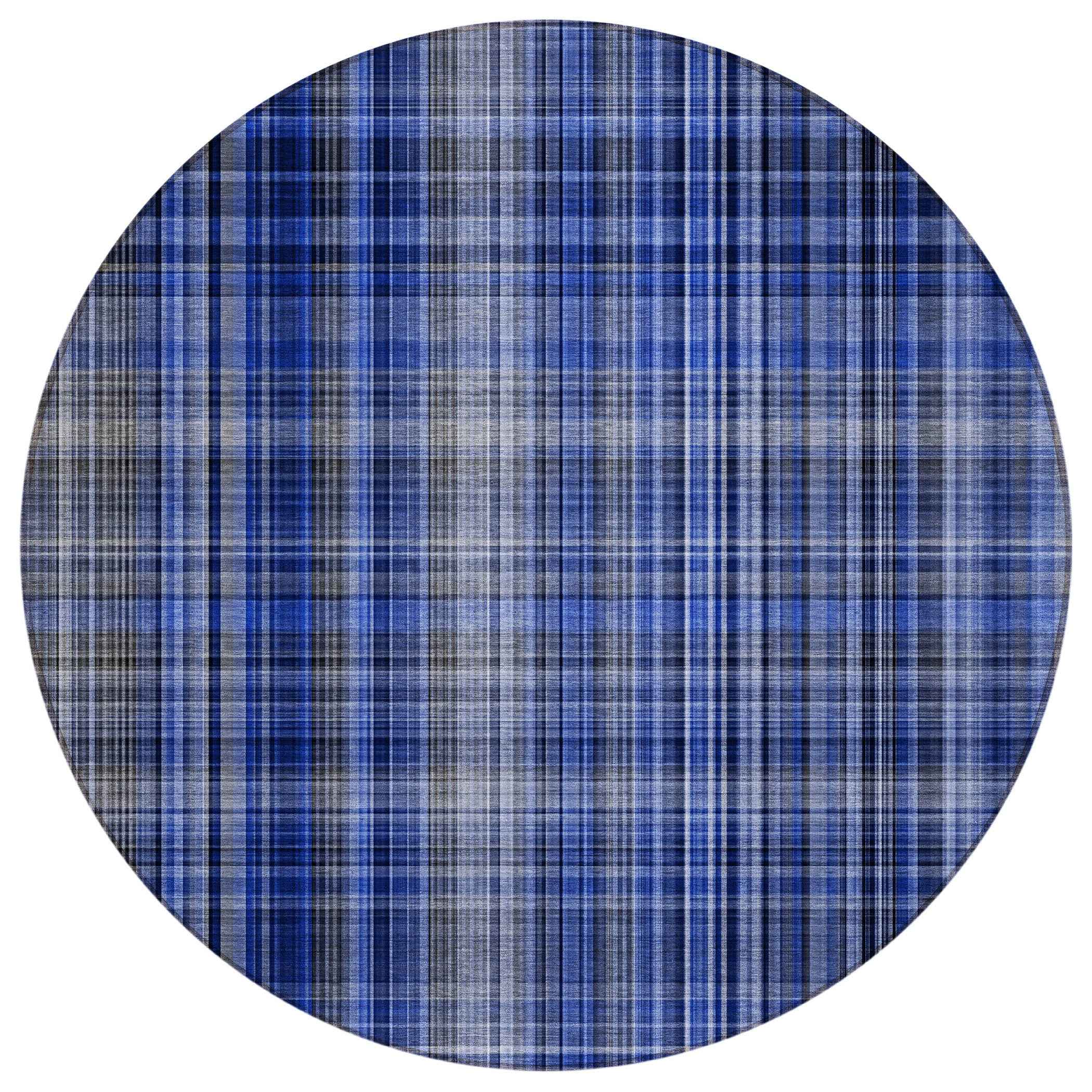 8' Round Navy Blue Round Plaid Washable Non Skid Indoor Outdoor Area Rug