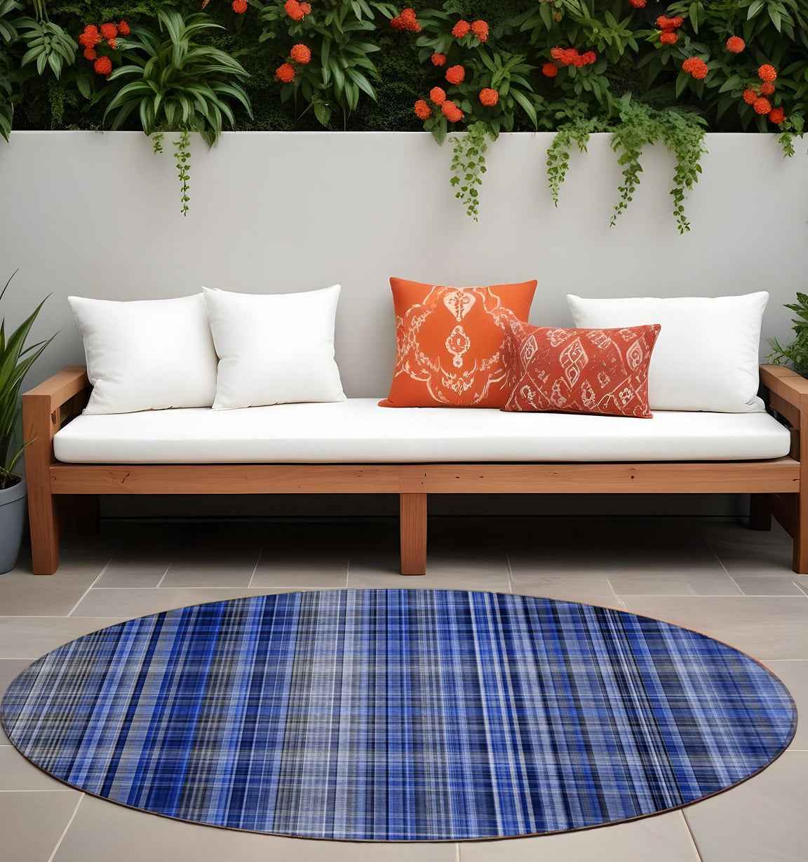 8' Round Navy Blue Round Plaid Washable Non Skid Indoor Outdoor Area Rug