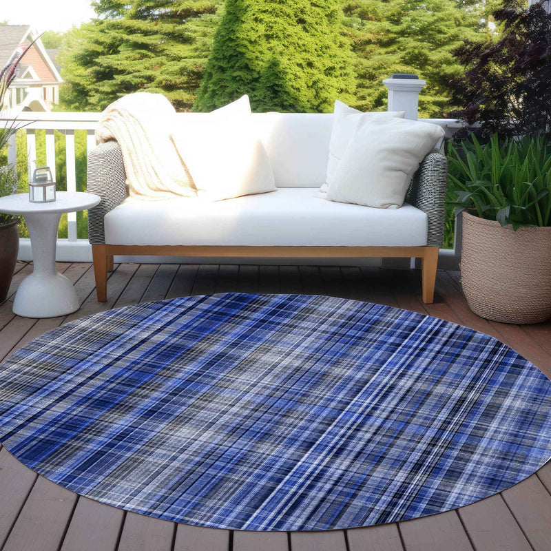 8' Round Navy Blue Round Plaid Washable Non Skid Indoor Outdoor Area Rug
