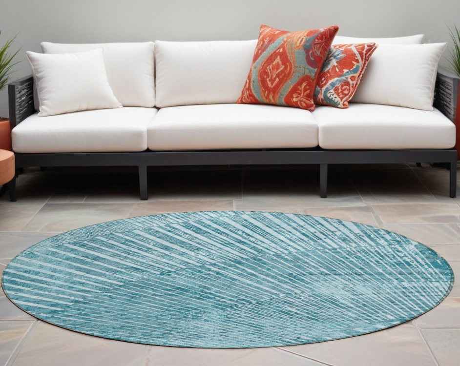 8' Round Teal Round Abstract Washable Non Skid Indoor Outdoor Area Rug