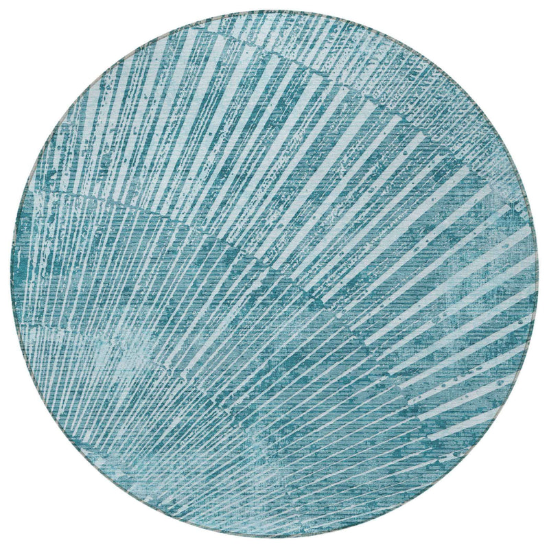 8' Round Teal Round Abstract Washable Non Skid Indoor Outdoor Area Rug