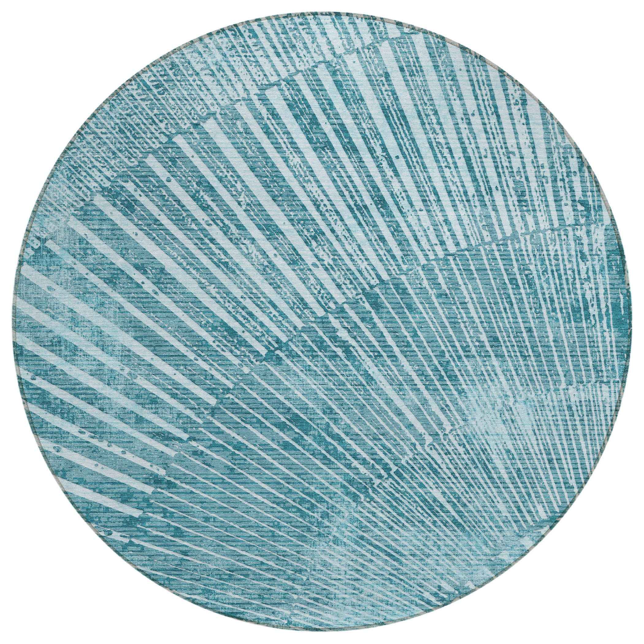 8' Round Teal Round Abstract Washable Non Skid Indoor Outdoor Area Rug