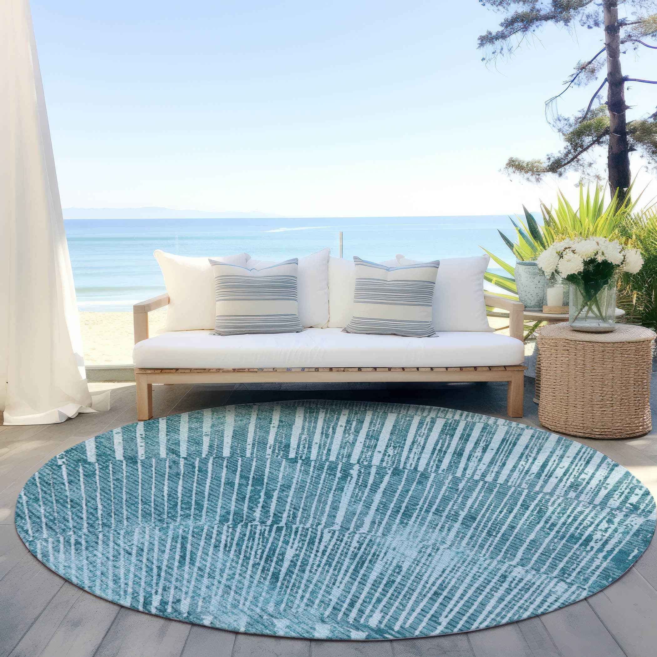 8' Round Teal Round Abstract Washable Non Skid Indoor Outdoor Area Rug