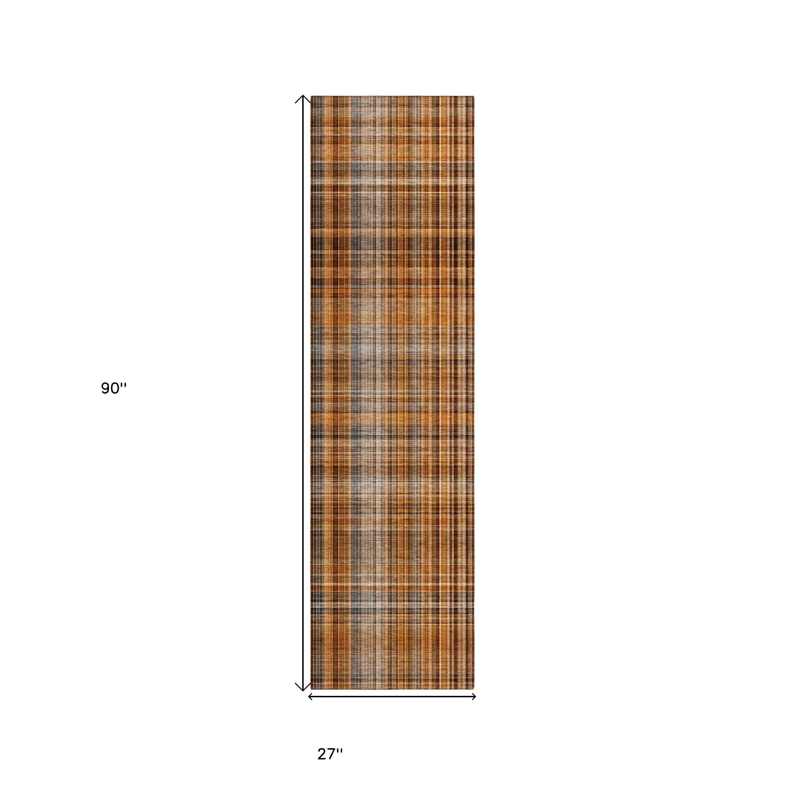 2' X 8' Orange Brown and Gray Plaid Washable Non Skid Indoor Outdoor Area Rug