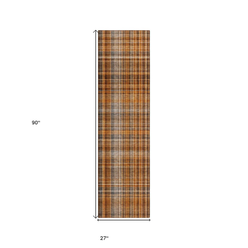 2' X 8' Orange Brown and Gray Plaid Washable Non Skid Indoor Outdoor Area Rug