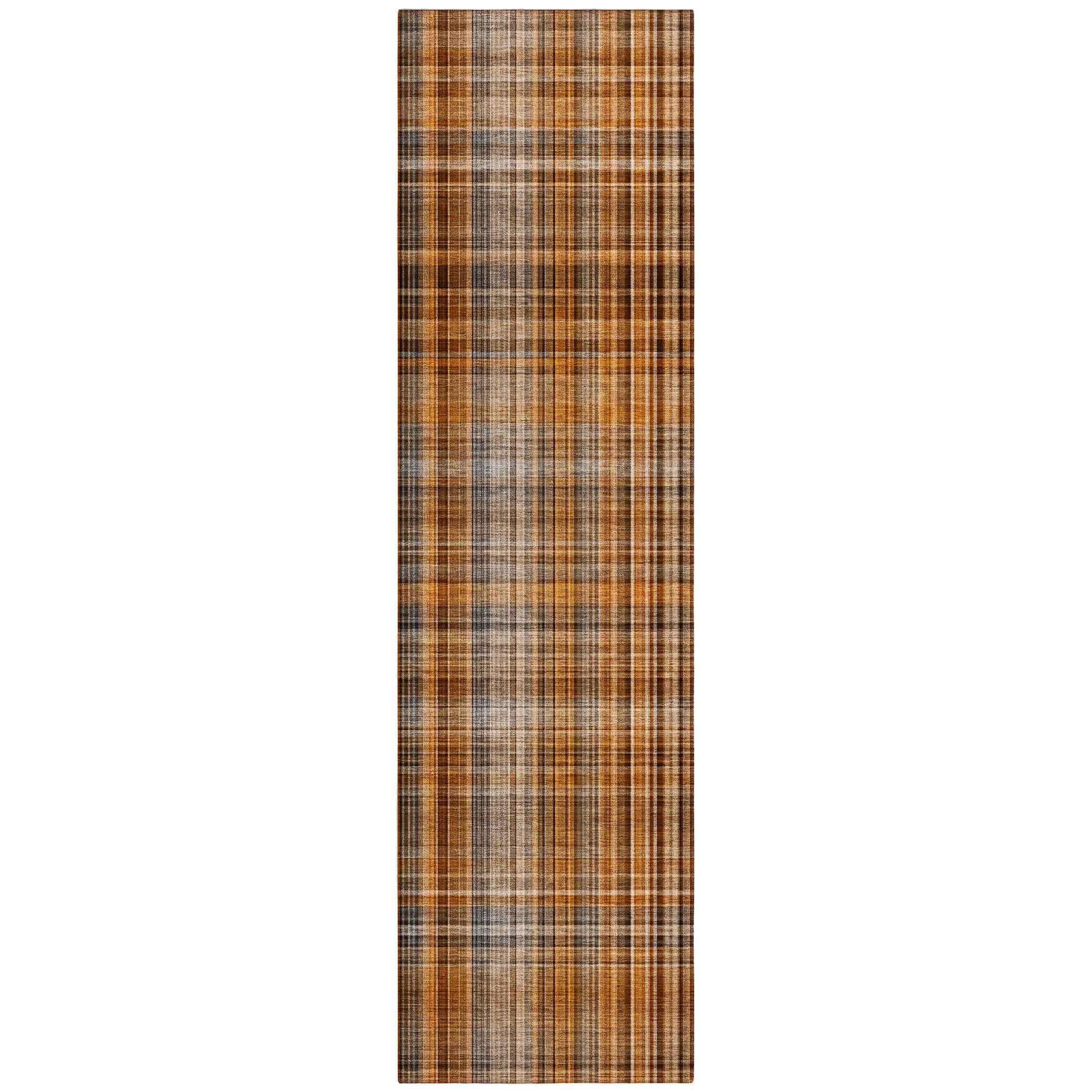 2' X 8' Orange Brown and Gray Plaid Washable Non Skid Indoor Outdoor Area Rug