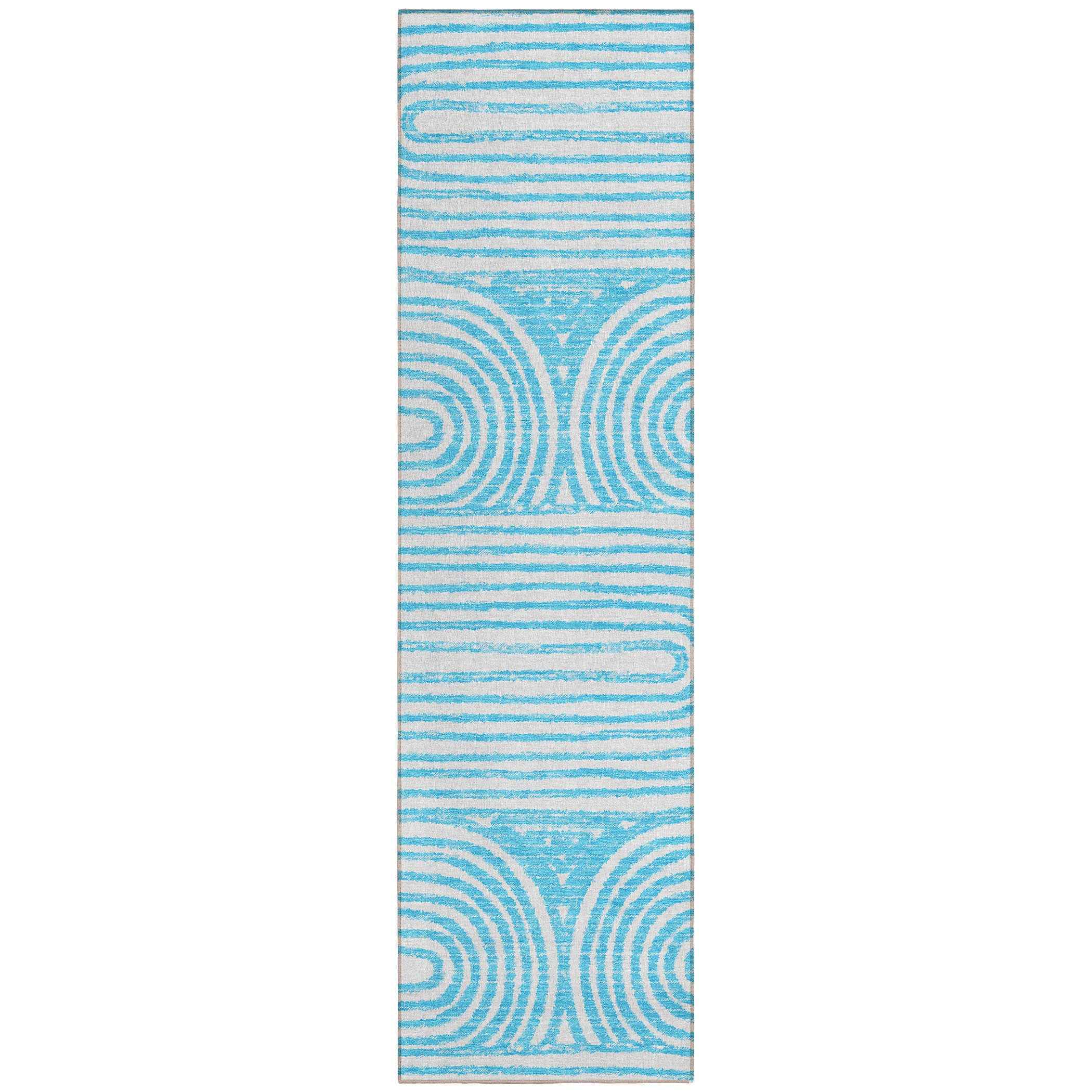 2' X 8' Teal and White Abstract Washable Non Skid Indoor Outdoor Area Rug
