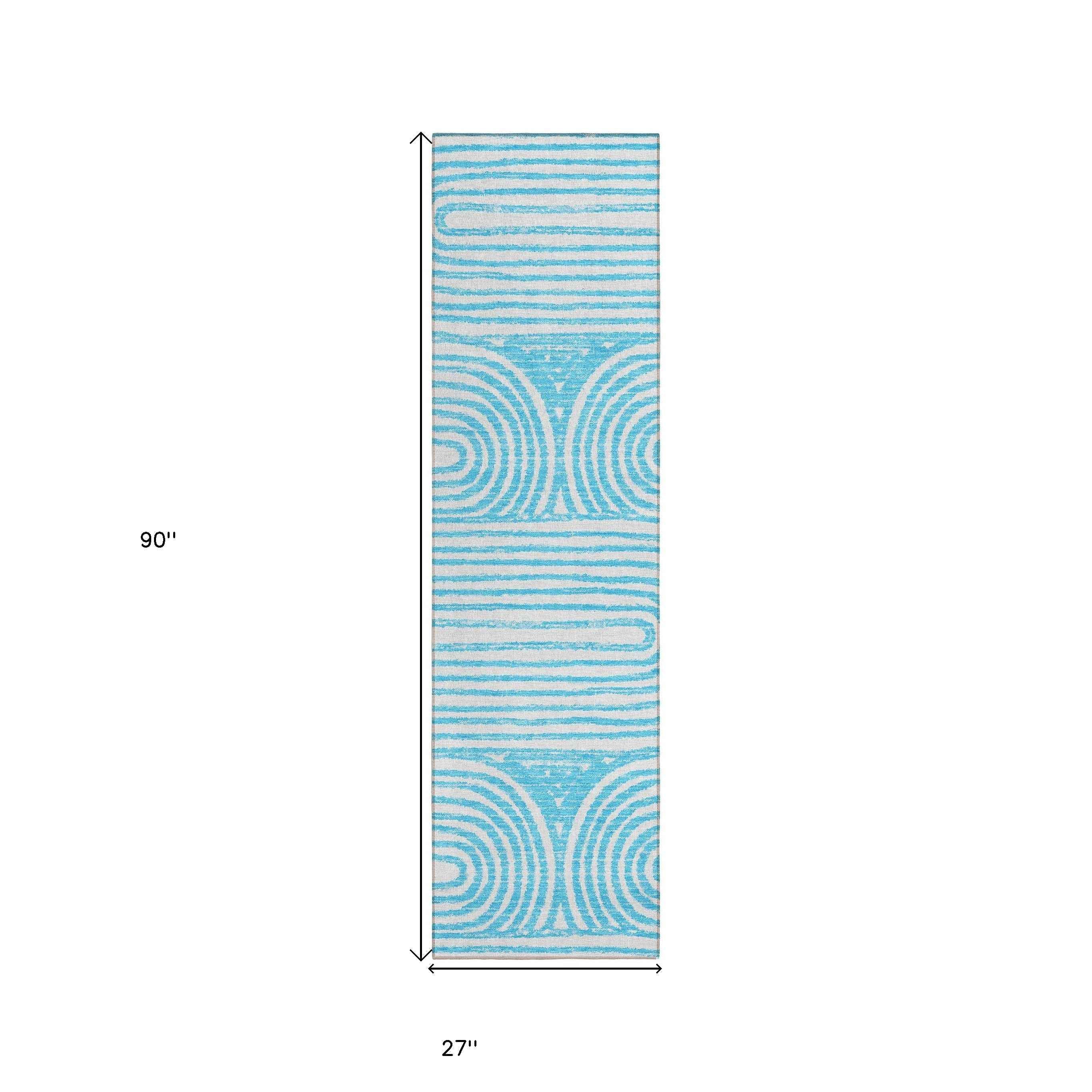2' X 8' Teal and White Abstract Washable Non Skid Indoor Outdoor Area Rug