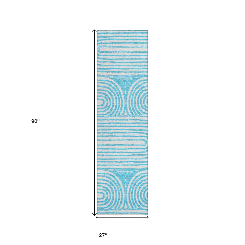 2' X 8' Teal and White Abstract Washable Non Skid Indoor Outdoor Area Rug