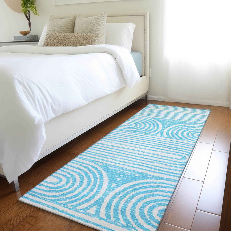 2' X 8' Teal and White Abstract Washable Non Skid Indoor Outdoor Area Rug