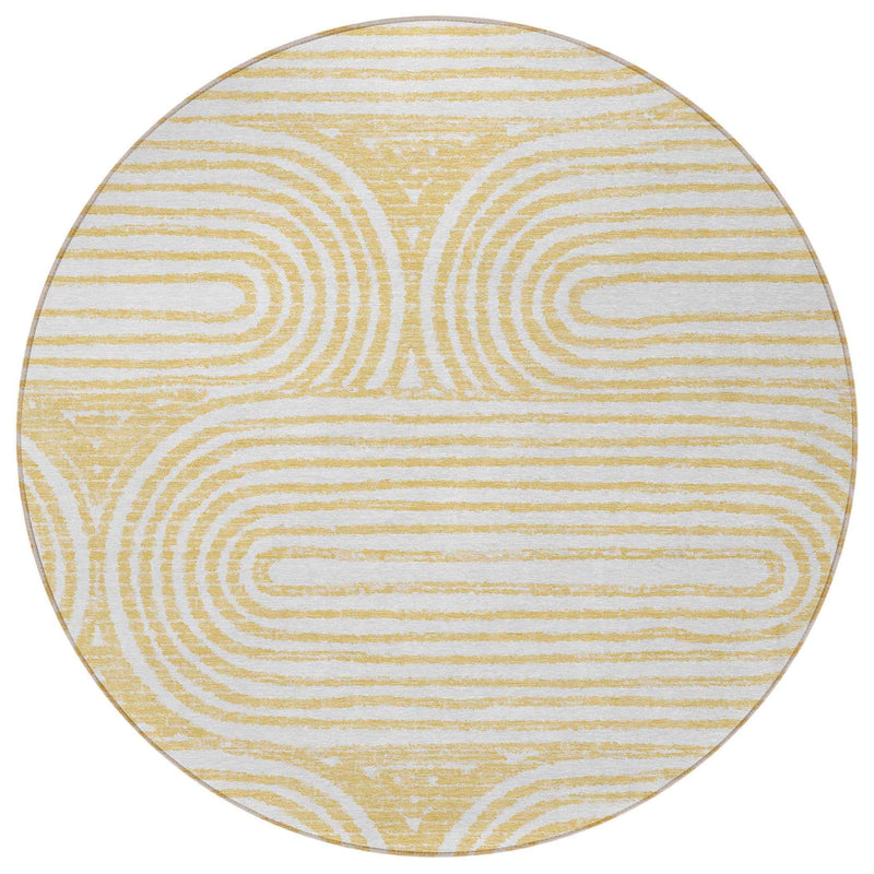 8' Round Gold and White Round Abstract Washable Non Skid Indoor Outdoor Area Rug
