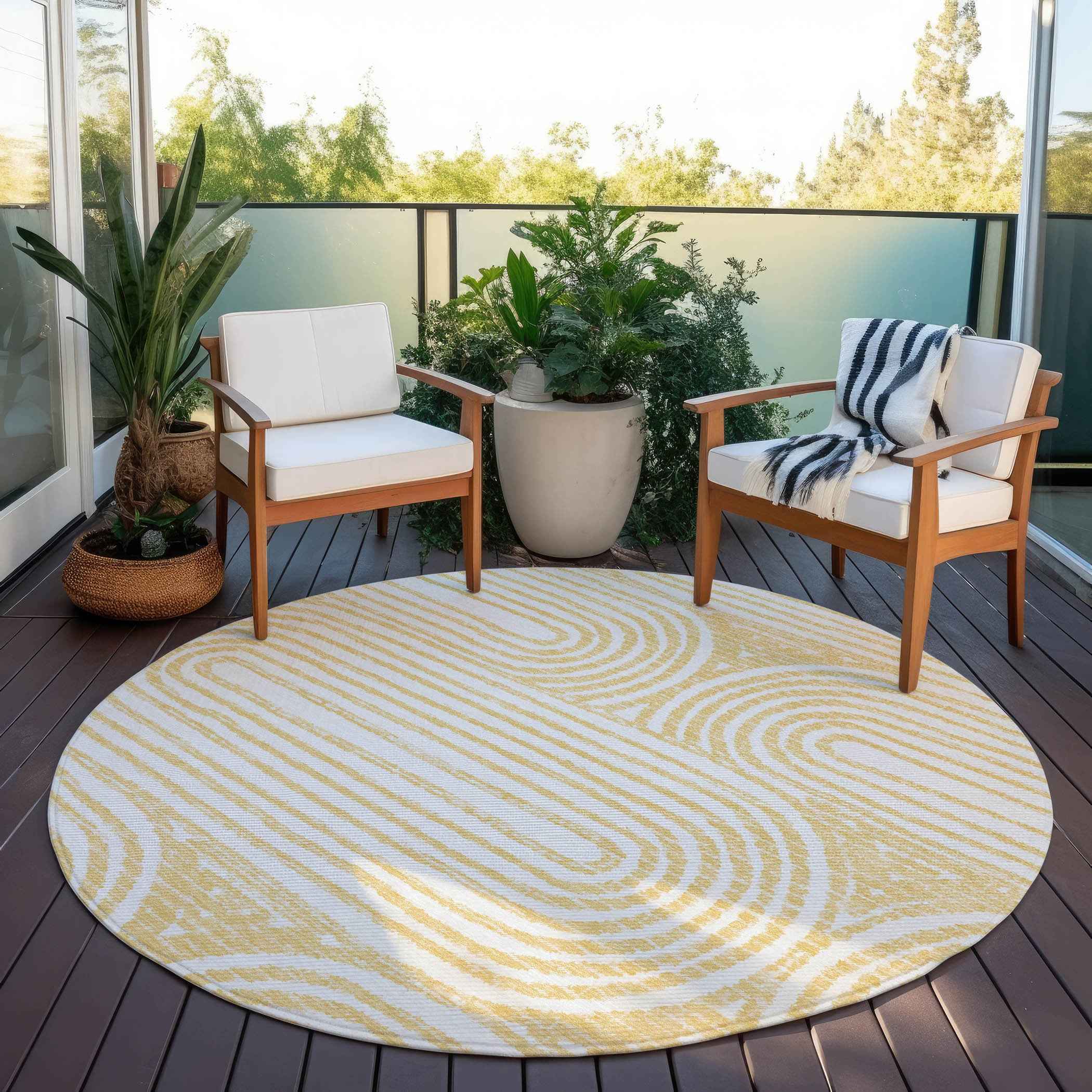 8' Round Gold and White Round Abstract Washable Non Skid Indoor Outdoor Area Rug