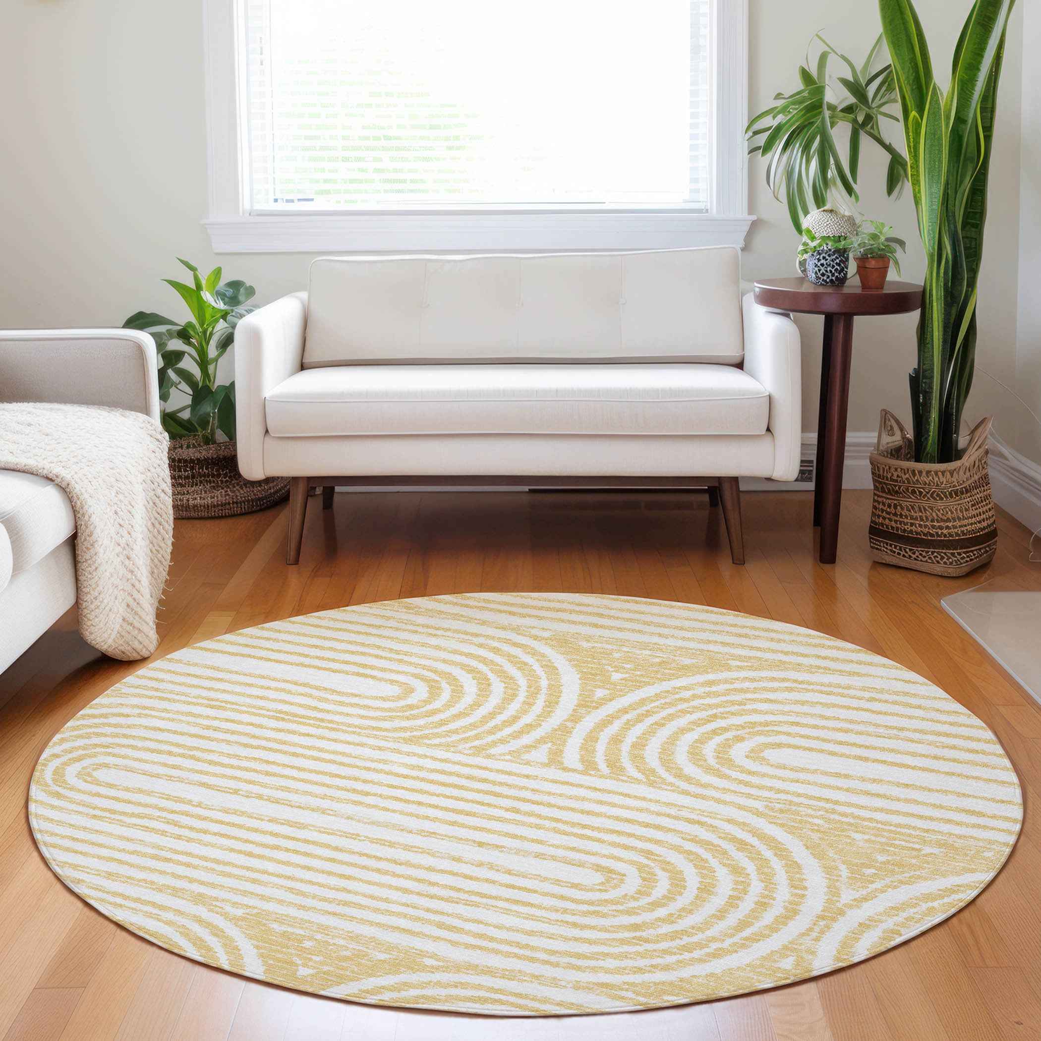 8' Round Gold and White Round Abstract Washable Non Skid Indoor Outdoor Area Rug