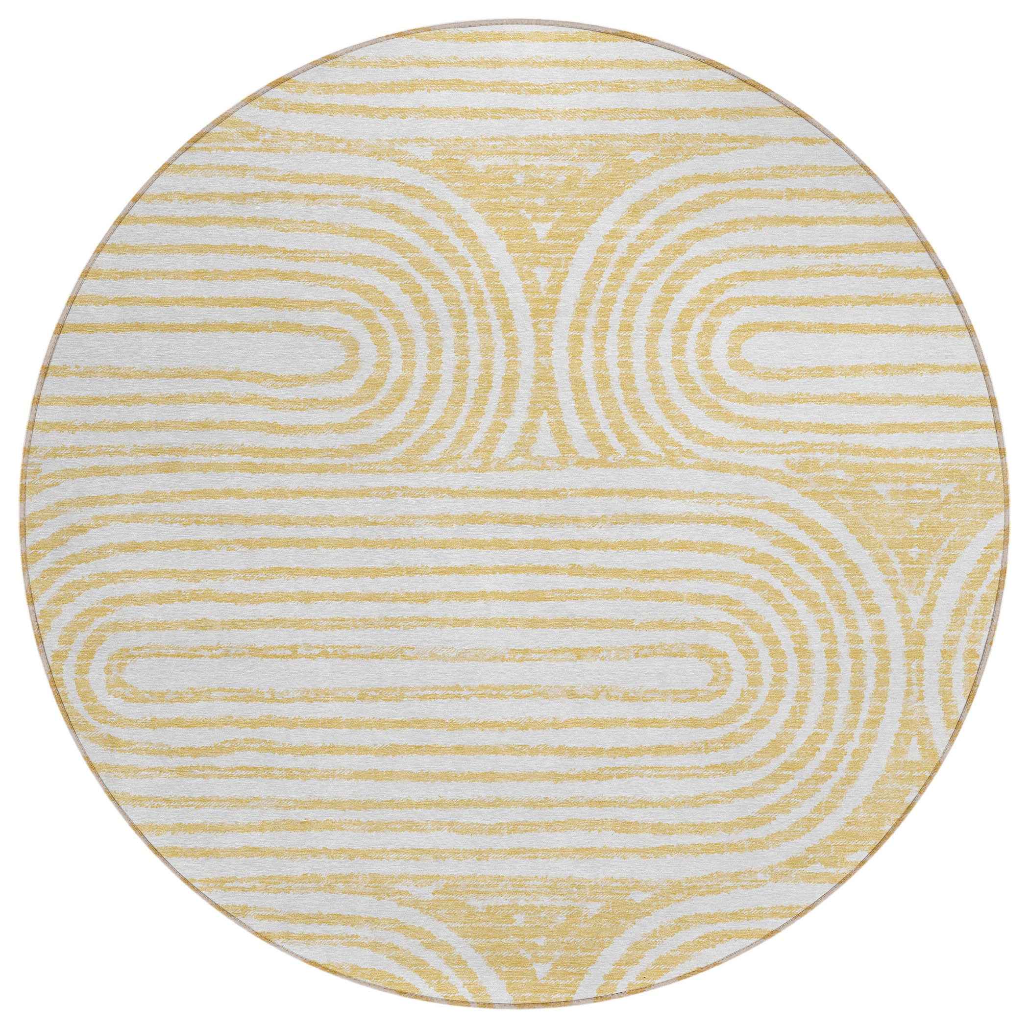 8' Round Gold and White Round Abstract Washable Non Skid Indoor Outdoor Area Rug