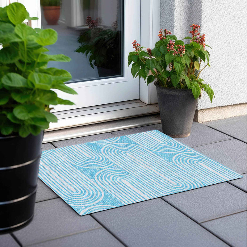 2' X 3' Teal and White Abstract Washable Non Skid Indoor Outdoor Area Rug