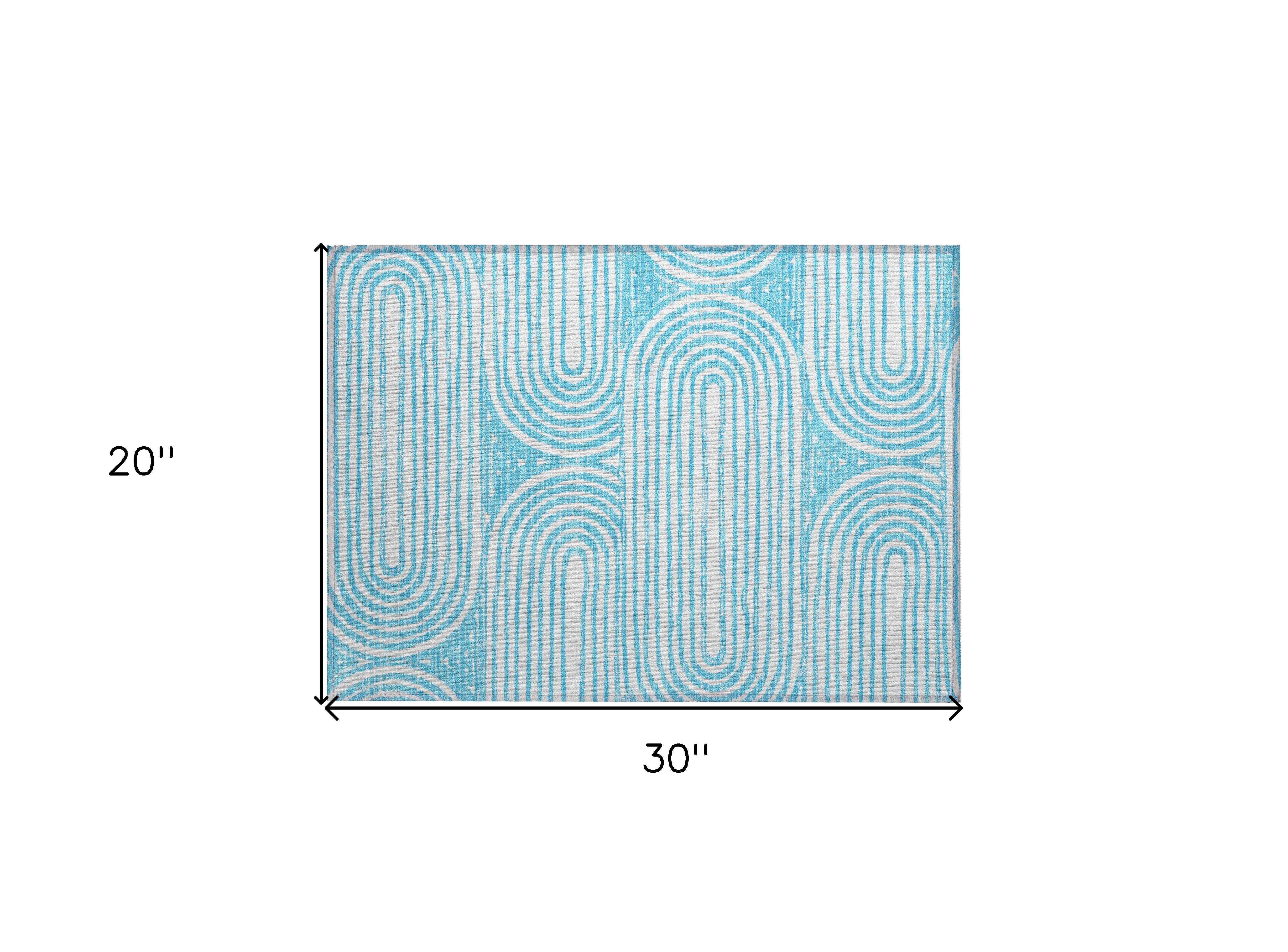 2' X 3' Teal and White Abstract Washable Non Skid Indoor Outdoor Area Rug