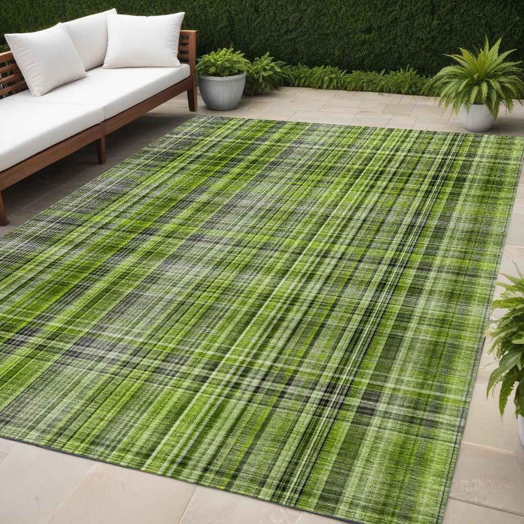 5' X 8' Green Plaid Washable Non Skid Indoor Outdoor Area Rug