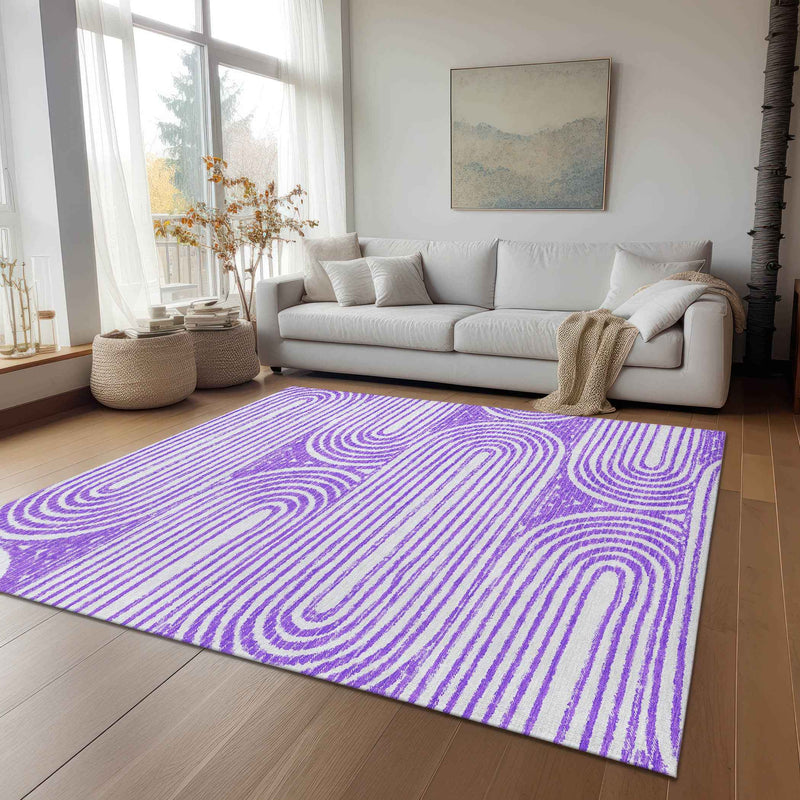 8' X 10' Purple and White Abstract Washable Non Skid Indoor Outdoor Area Rug