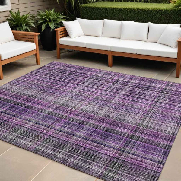 8' X 10' Purple Plaid Washable Non Skid Indoor Outdoor Area Rug