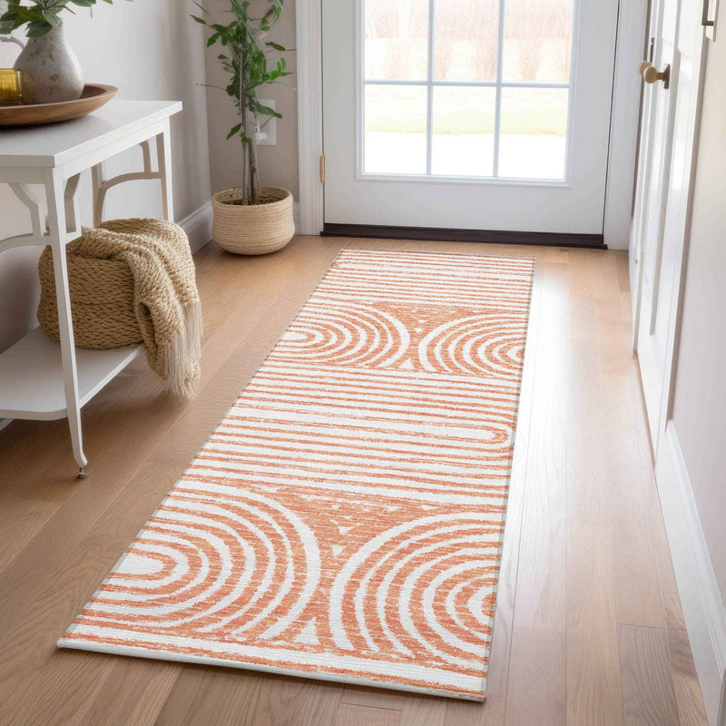 2' X 8' Orange and Ivory Abstract Washable Non Skid Indoor Outdoor Area Rug