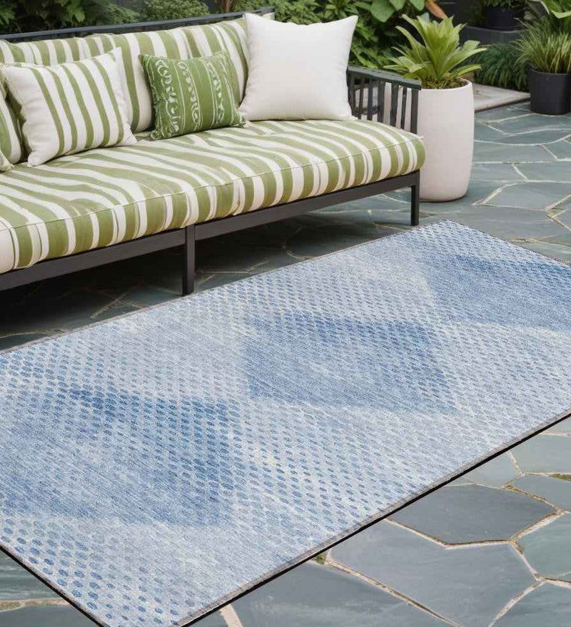 8' Runner Blue Geometric Washable Non Skid Indoor Outdoor Runner Rug