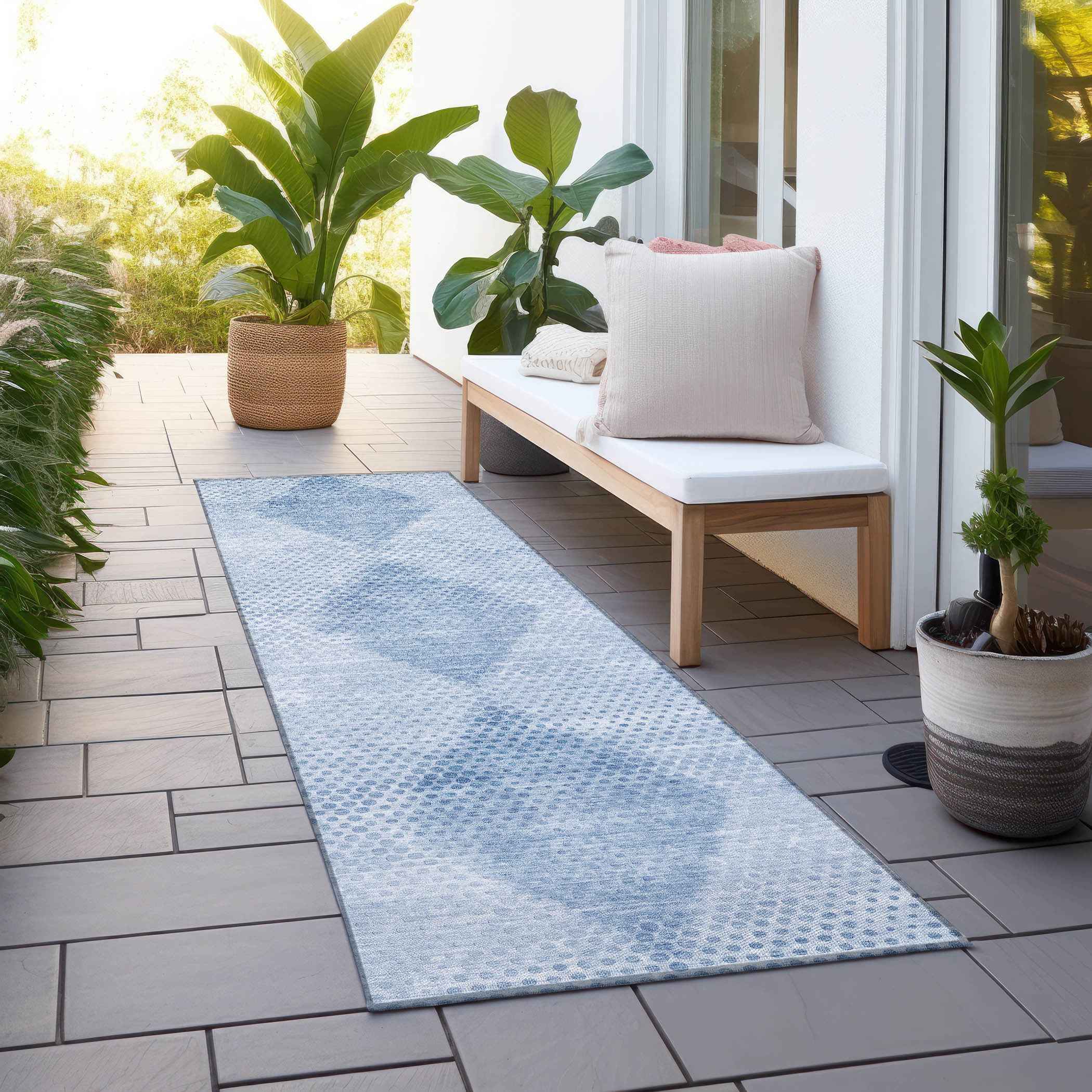 8' Runner Blue Geometric Washable Non Skid Indoor Outdoor Runner Rug