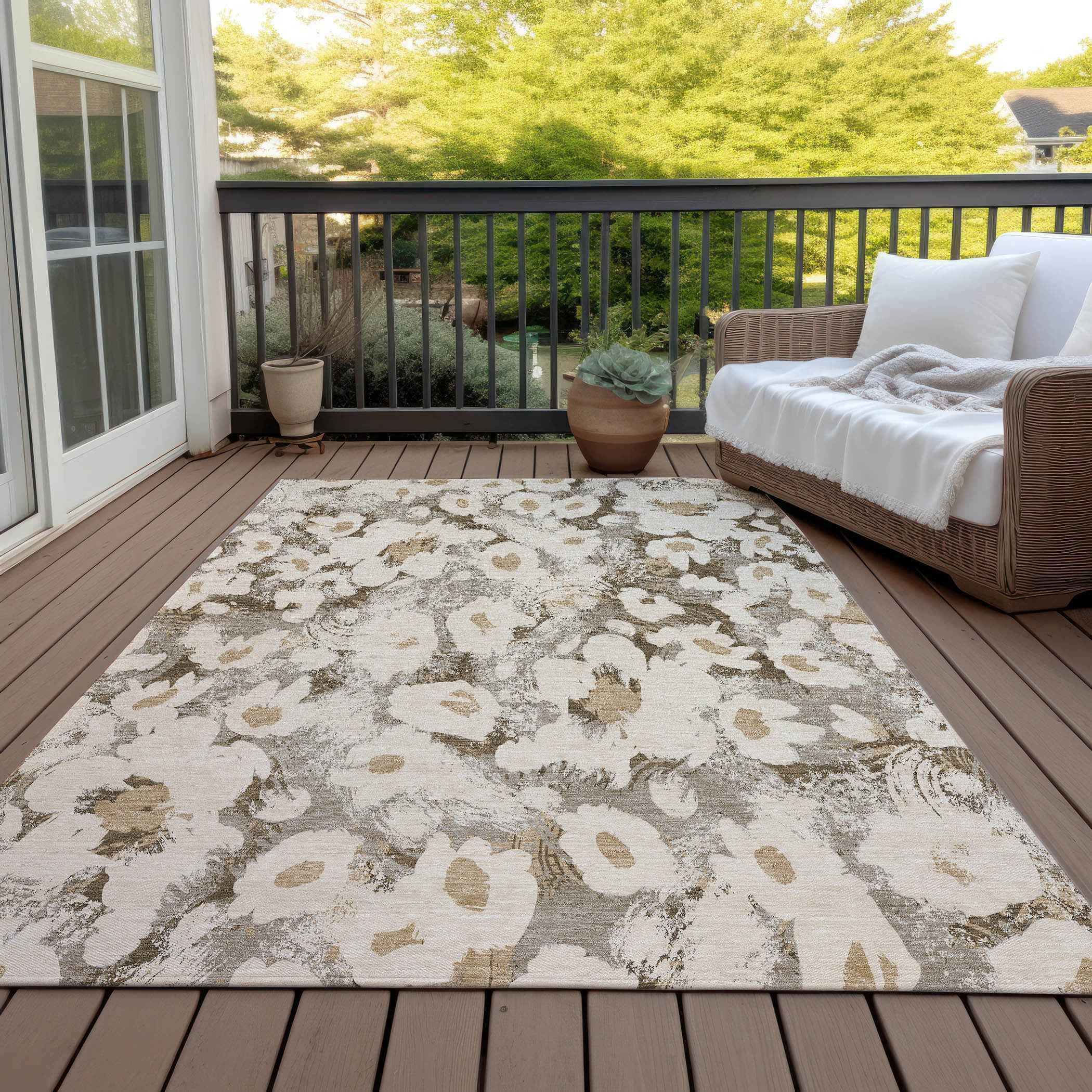 8' X 10' Khaki Floral Washable Non Skid Indoor Outdoor Area Rug