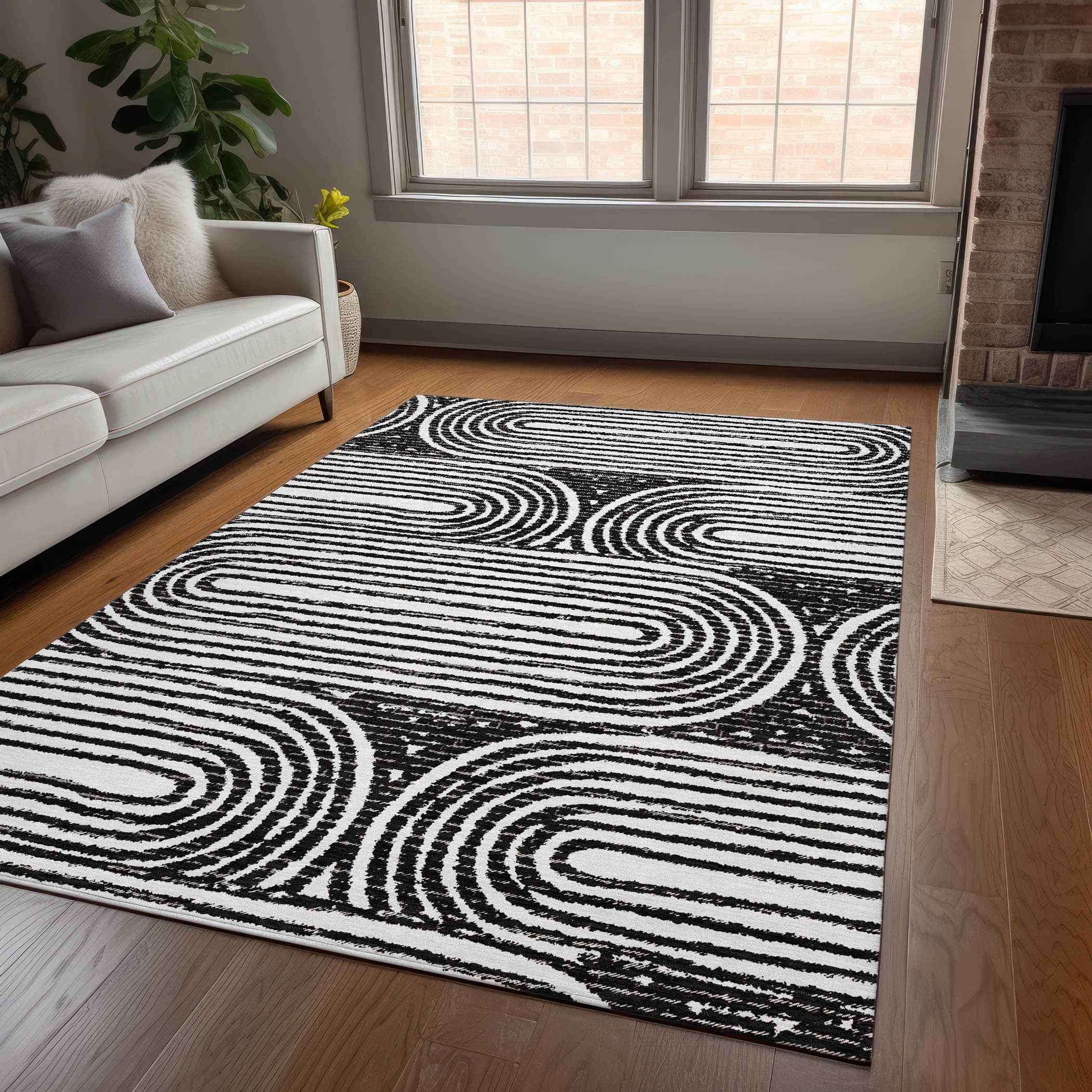 8' X 10' Black And White Abstract Washable Indoor Outdoor Area Rug