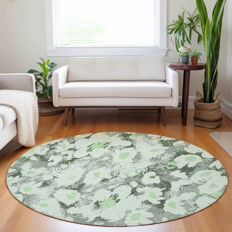8' Round Artichoke Green Round Floral Washable Non Skid Indoor Outdoor Area Rug